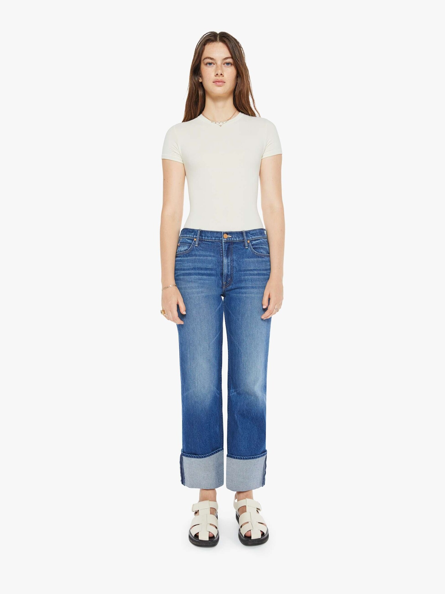 MOTHER DENIM CHECKERBOARD DUSTER FLOOD CUFF IN BUNNY HOP