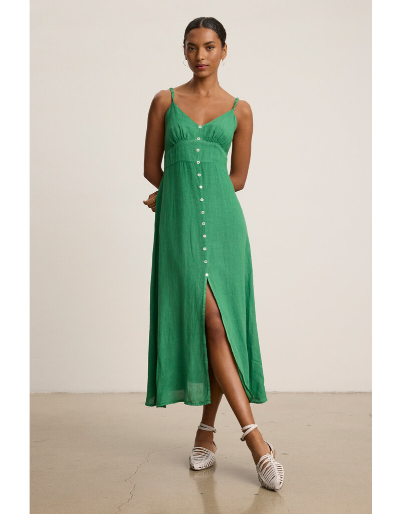 VELVET BY GRAHAM & SPENCER JANET LINEN BUTTON FRONT DRESS IN EMERALD