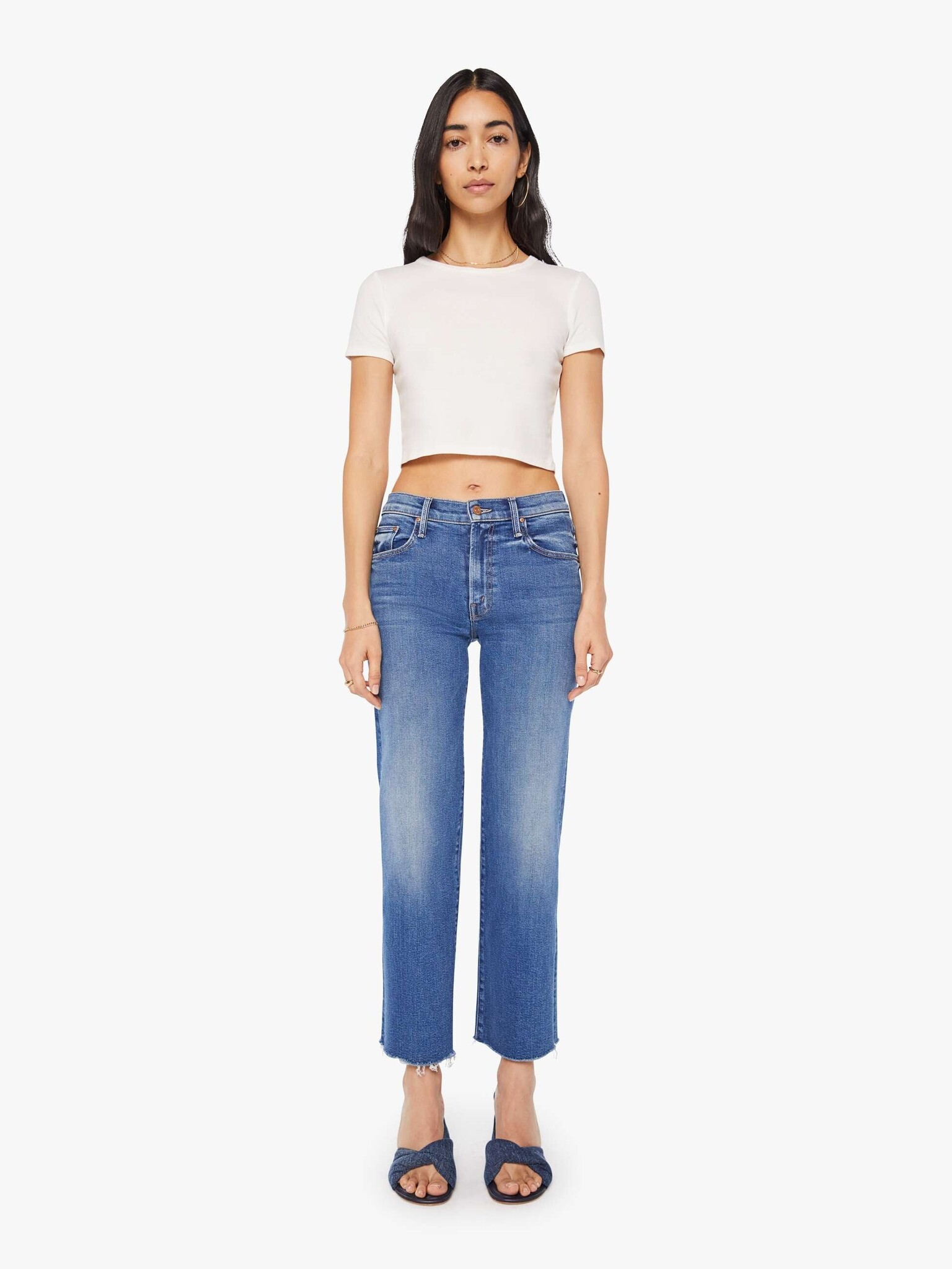 MOTHER DENIM MID RISE RAMBLER ZIP ANKLE FRAY IN DUGOUT DOOBIES