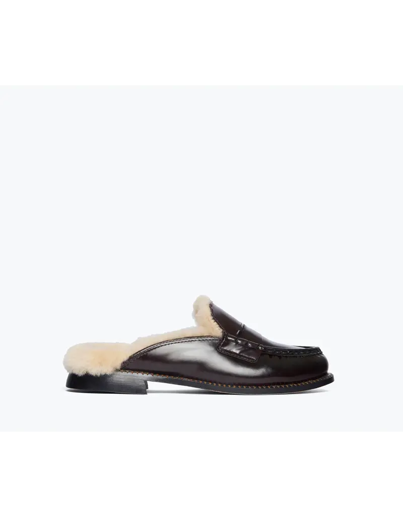 FREDA SALVADOR TEMI SHEARLING PENNY LOAFER MULE IN ESPRESSO