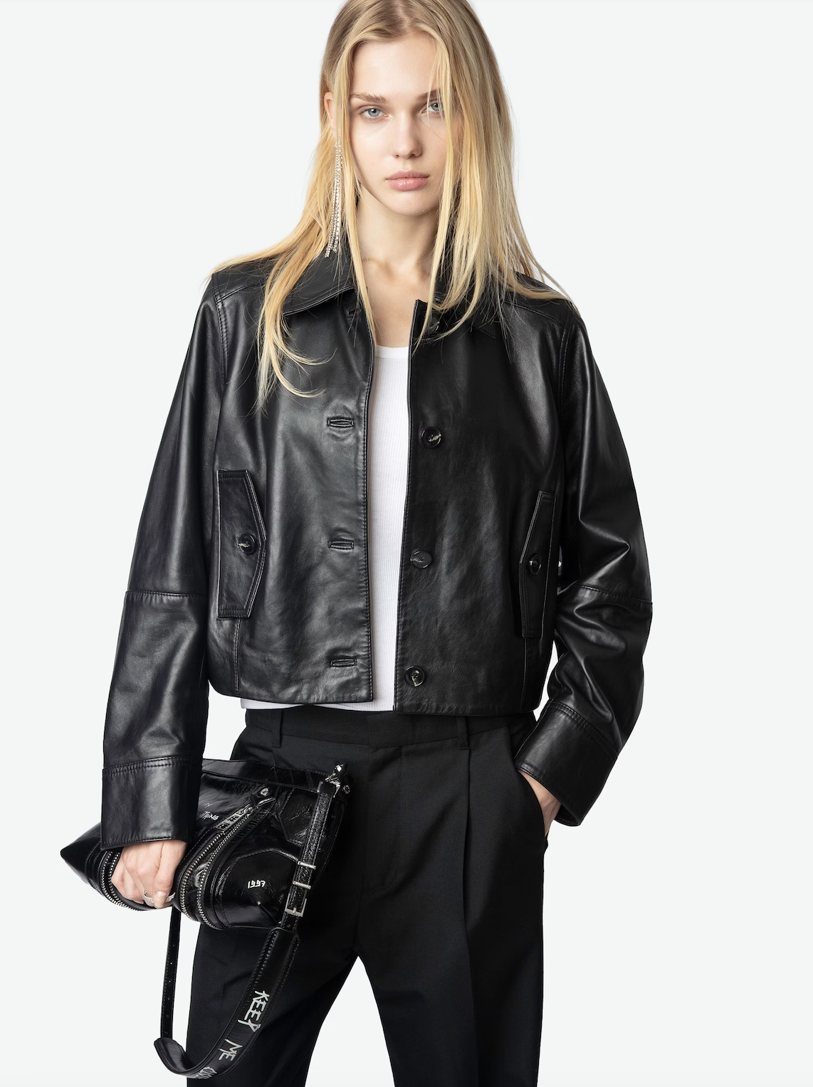 LISTON CROPPED LEATHER JACKER IN BLACK
