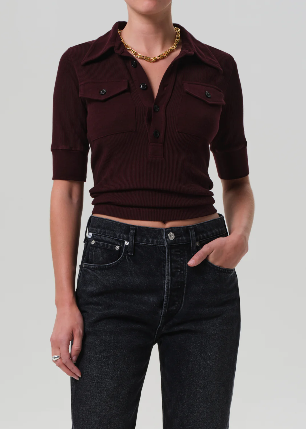 CITIZENS OF HUMANITY AMINA POLO SHIRT IN MAHOGANY
