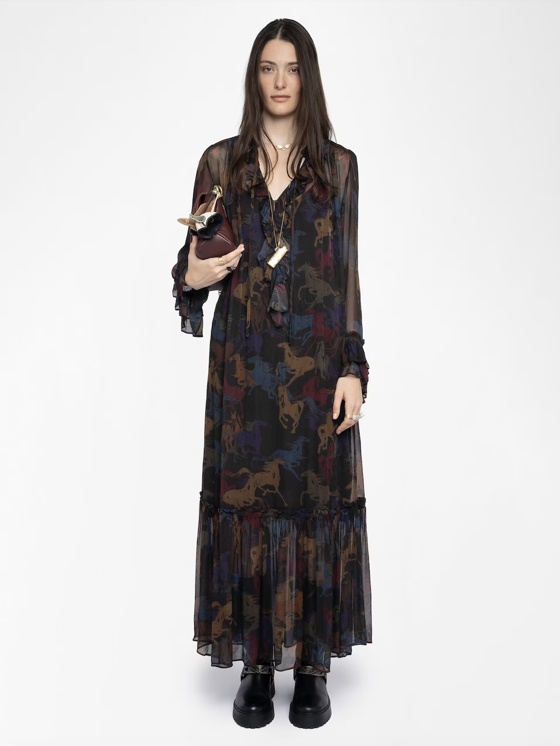 RALICEL MOUSSELINE DRESS IN DARK CHOCOLATE HORSES