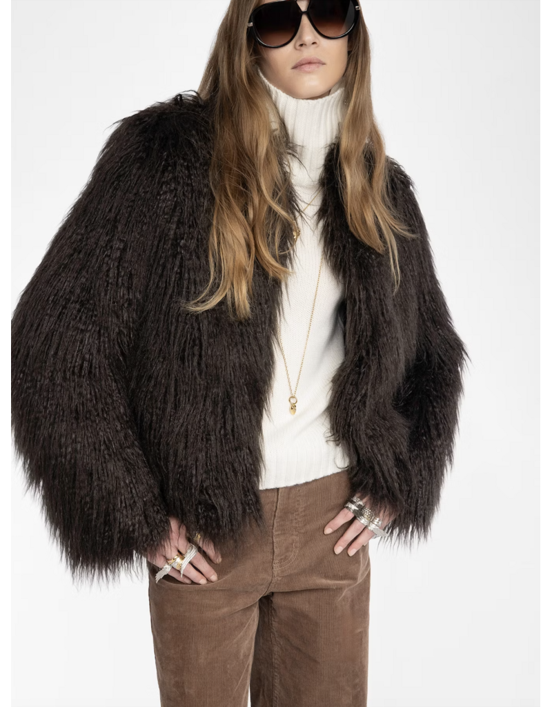 FREDDIE FAUX FUR COAT IN DARK CHOCOLATE