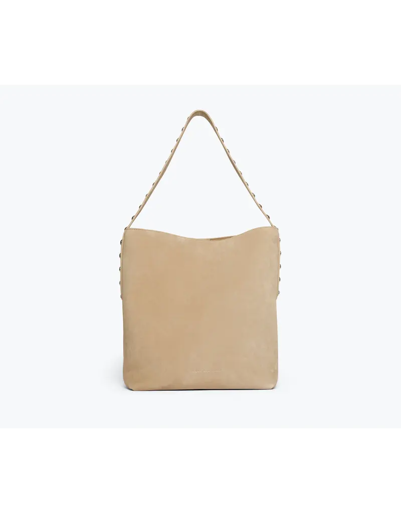 FREDA SALVADOR CALA STUDDED TOTE IN STUCCO SUEDE + SILVER STUDS