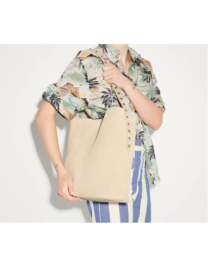 FREDA SALVADOR CALA STUDDED TOTE IN STUCCO SUEDE + SILVER STUDS