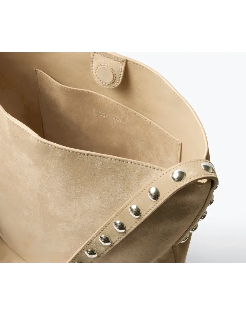 FREDA SALVADOR CALA STUDDED TOTE IN STUCCO SUEDE + SILVER STUDS