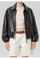 CITIZENS OF HUMANITY BUBBLE HEM LEATHER BOMBER JACKET IN CHOCOLATE DARK BROWN