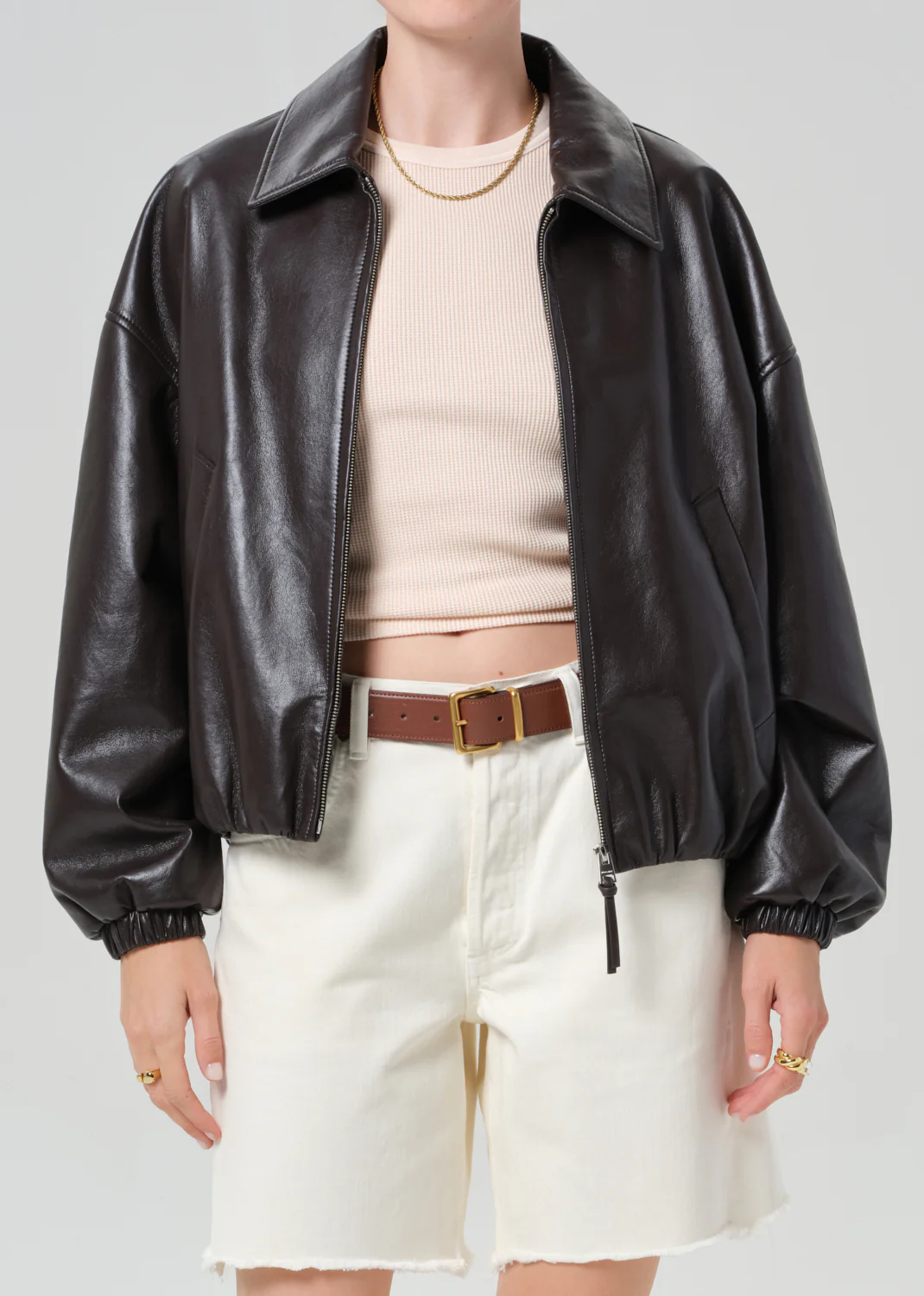 CITIZENS OF HUMANITY BUBBLE HEM LEATHER BOMBER JACKET IN CHOCOLATE DARK BROWN