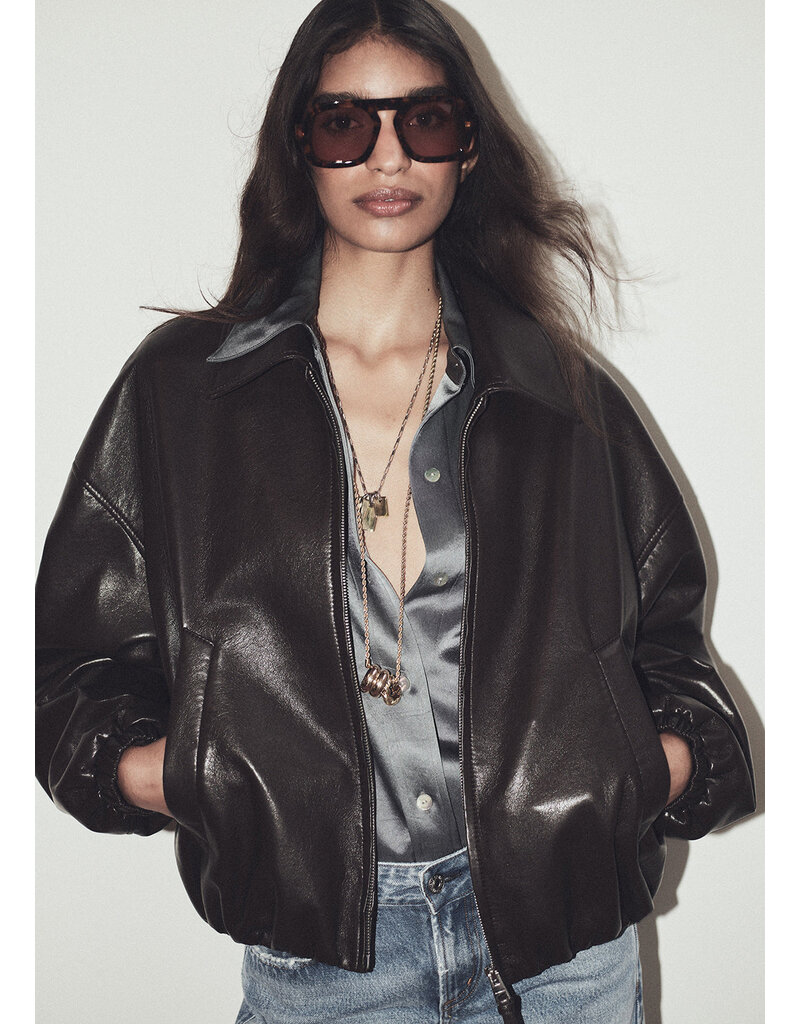 CITIZENS OF HUMANITY BUBBLE HEM LEATHER BOMBER JACKET IN CHOCOLATE DARK BROWN