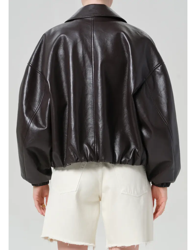 CITIZENS OF HUMANITY BUBBLE HEM LEATHER BOMBER JACKET IN CHOCOLATE DARK BROWN