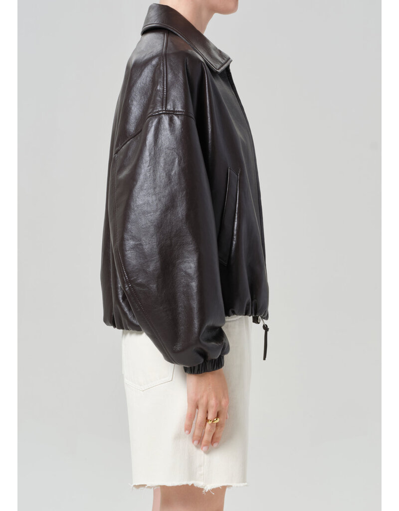 CITIZENS OF HUMANITY BUBBLE HEM LEATHER BOMBER JACKET IN CHOCOLATE DARK BROWN