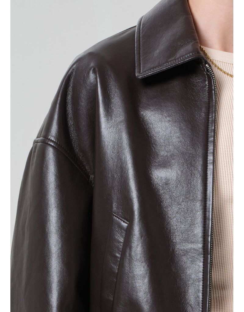 CITIZENS OF HUMANITY BUBBLE HEM LEATHER BOMBER JACKET IN CHOCOLATE DARK BROWN