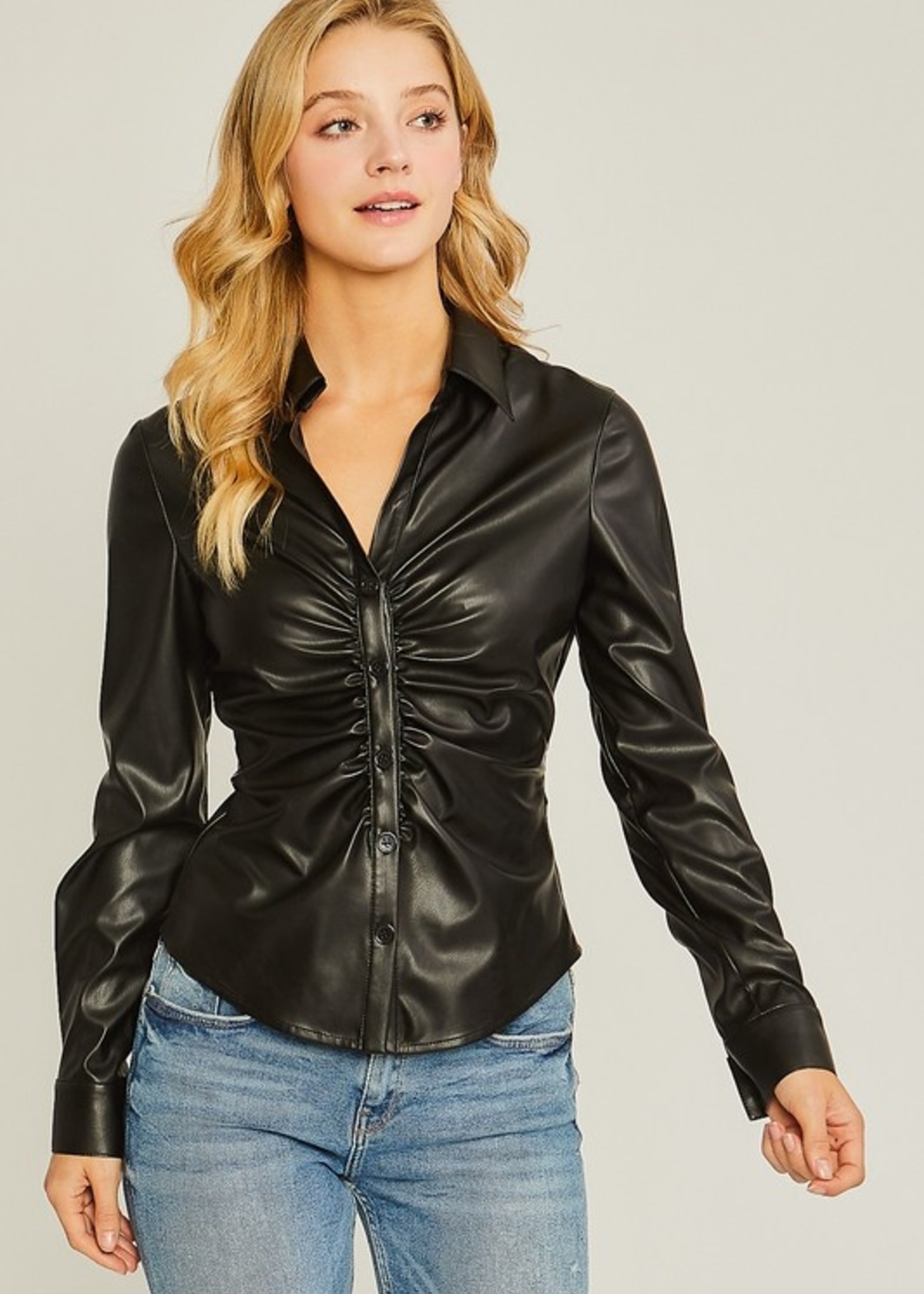 Leather ruched button down 2 colors