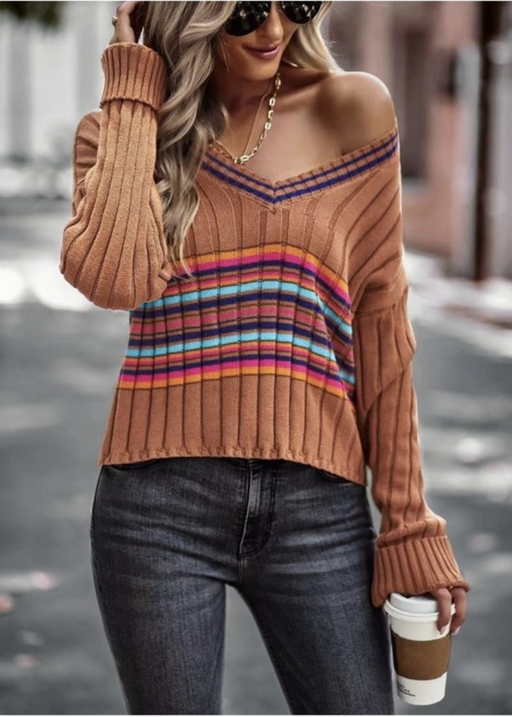 Striped V neck knit