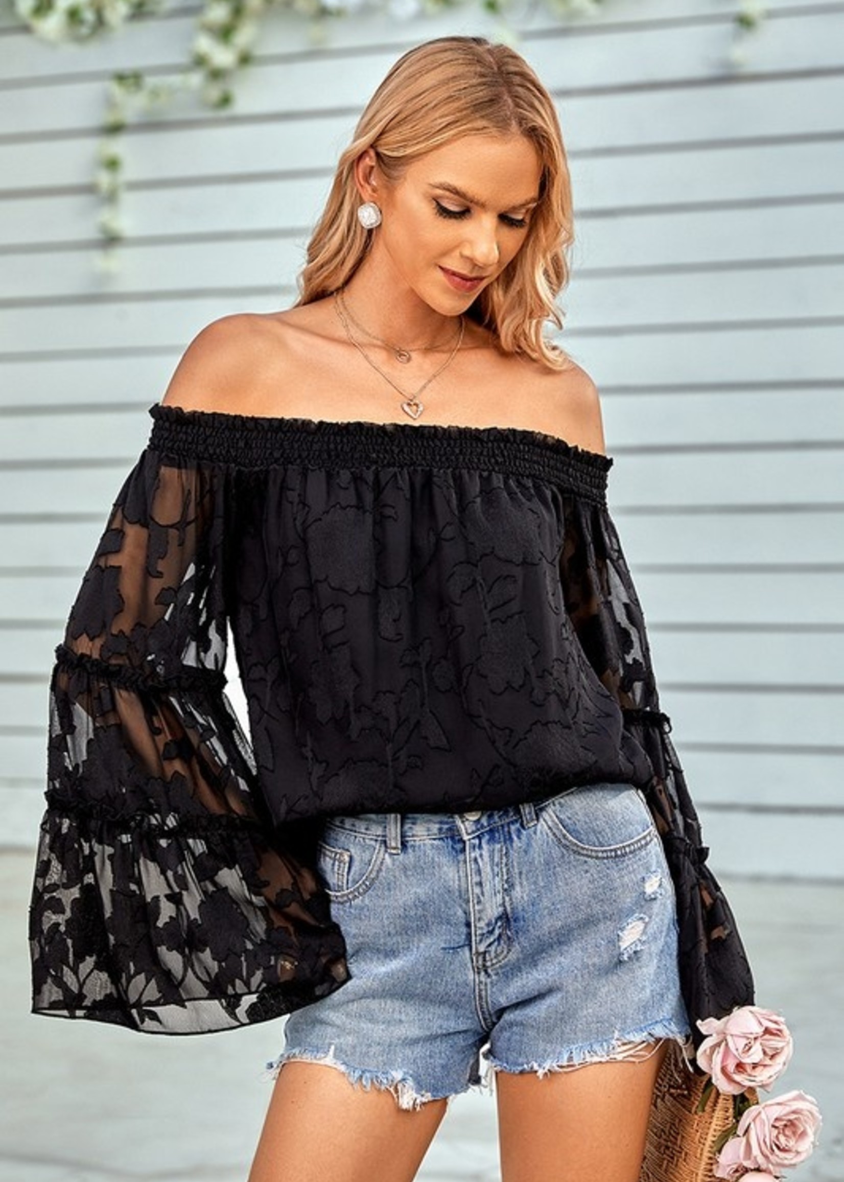 Off shoulder lace sleeve top +2 colors