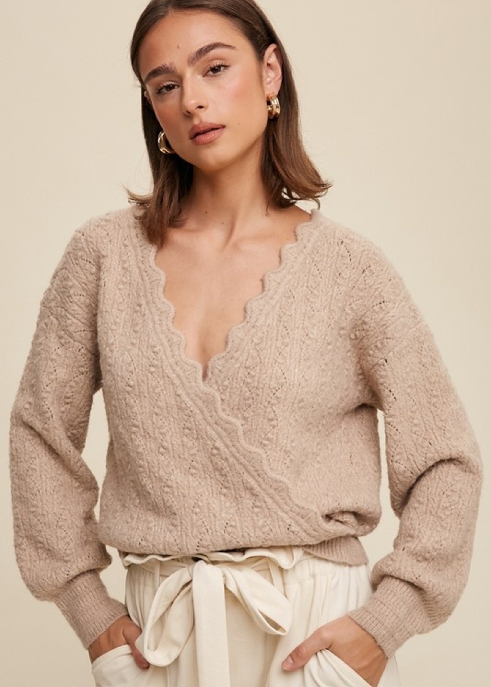 Pointelle wrap knit sweater +2 colors