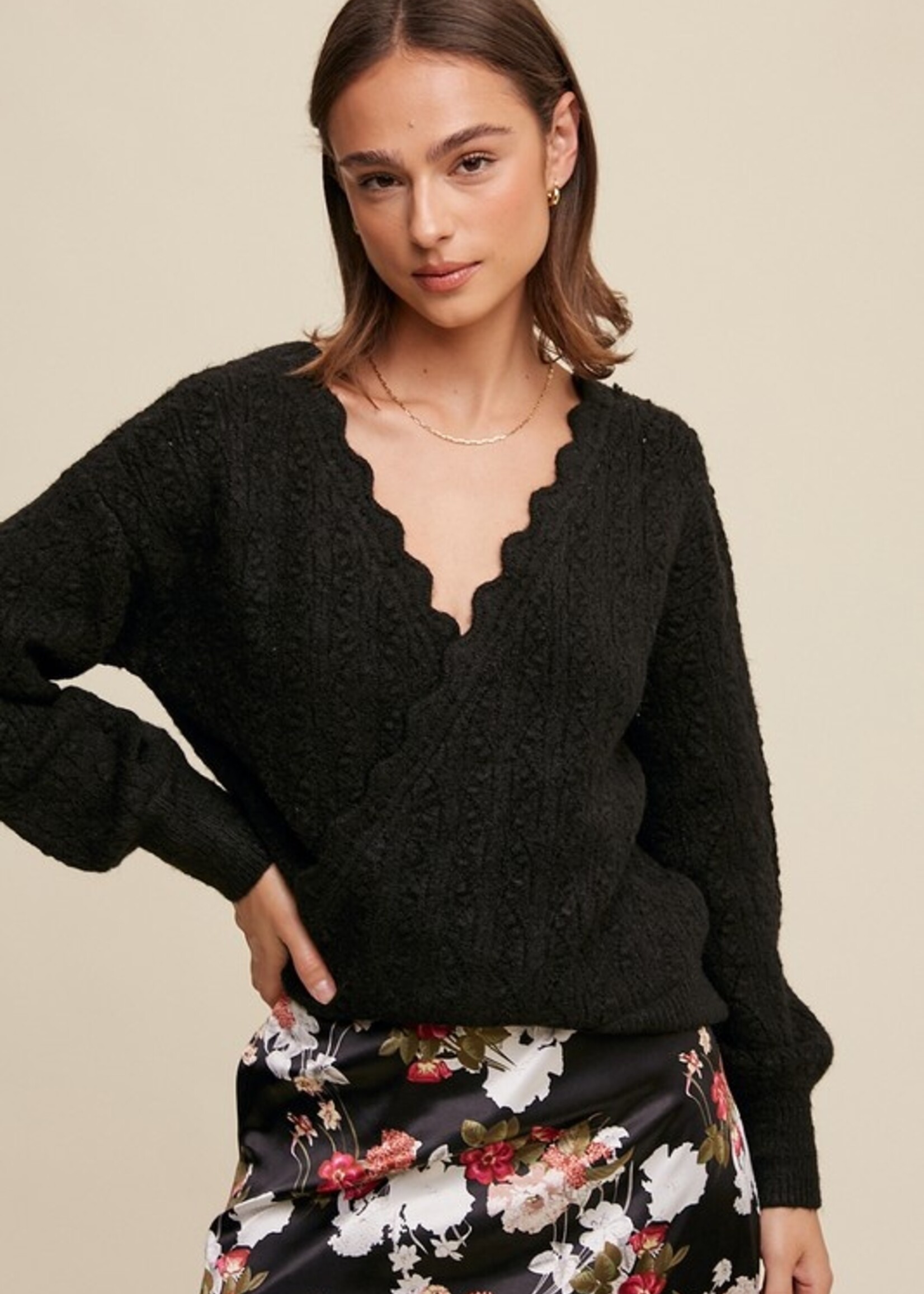 Pointelle wrap knit sweater +2 colors