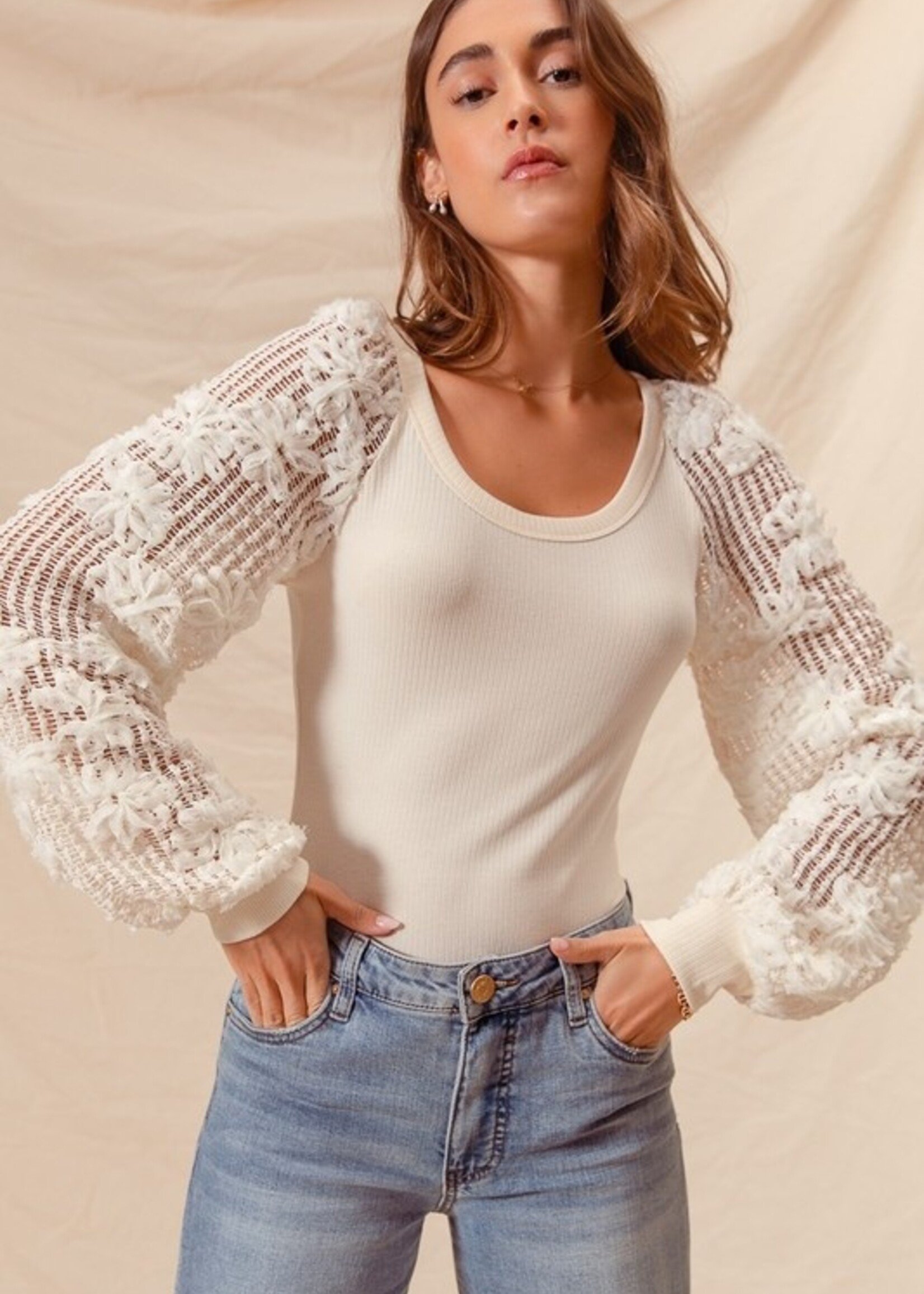 Rib lace sleeve sweater +3 colors