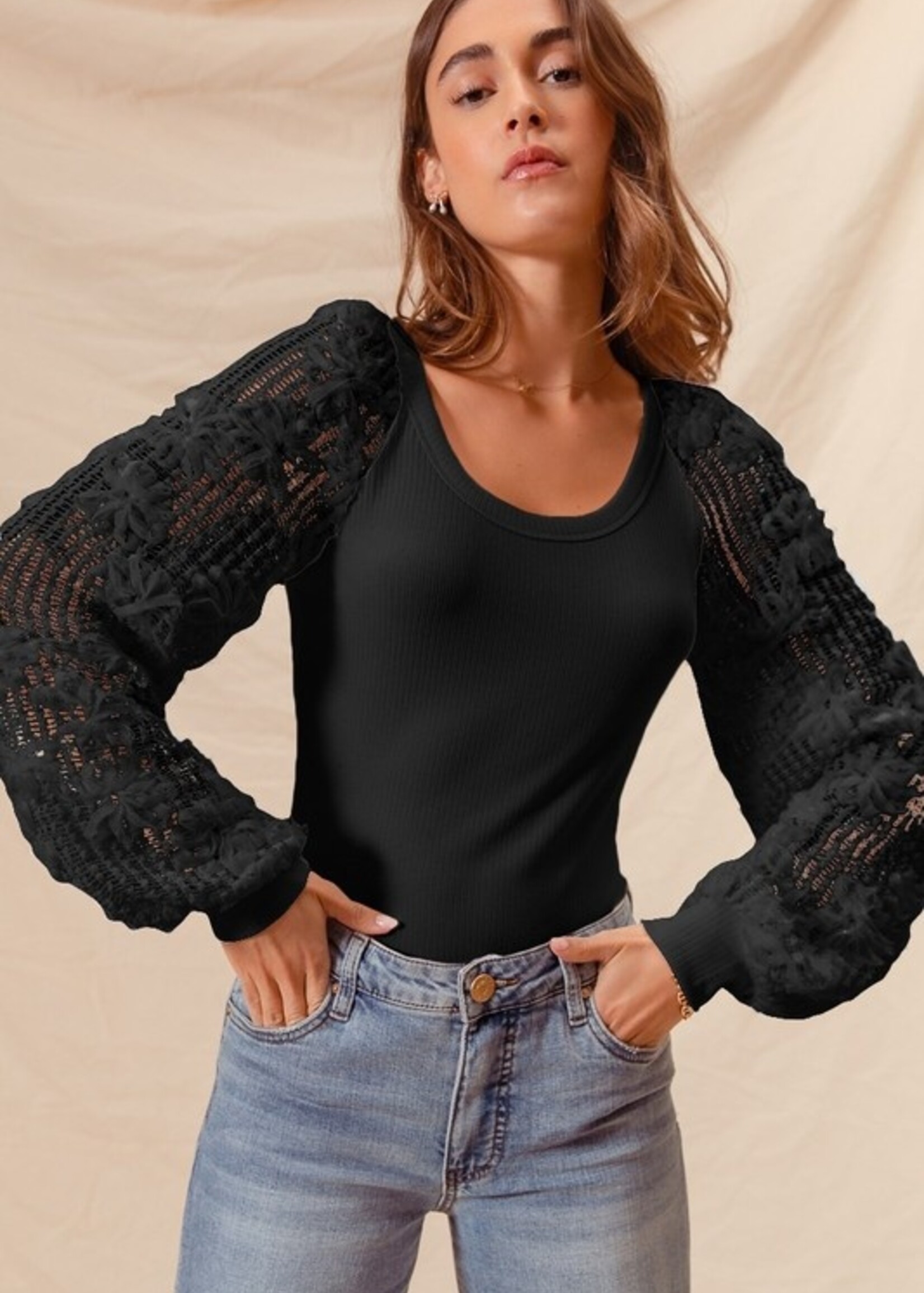 Rib lace sleeve sweater +3 colors