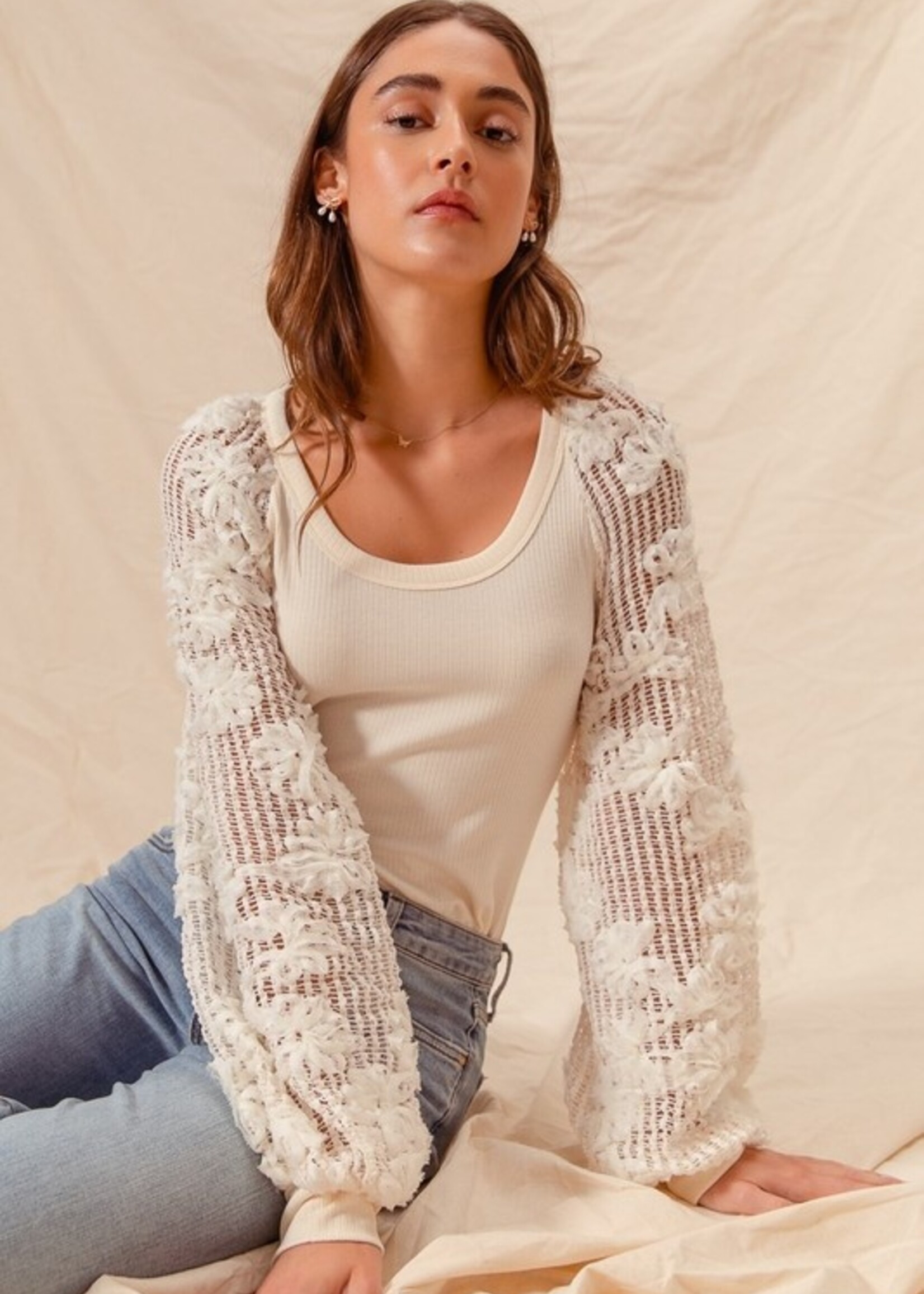 Rib lace sleeve sweater +3 colors