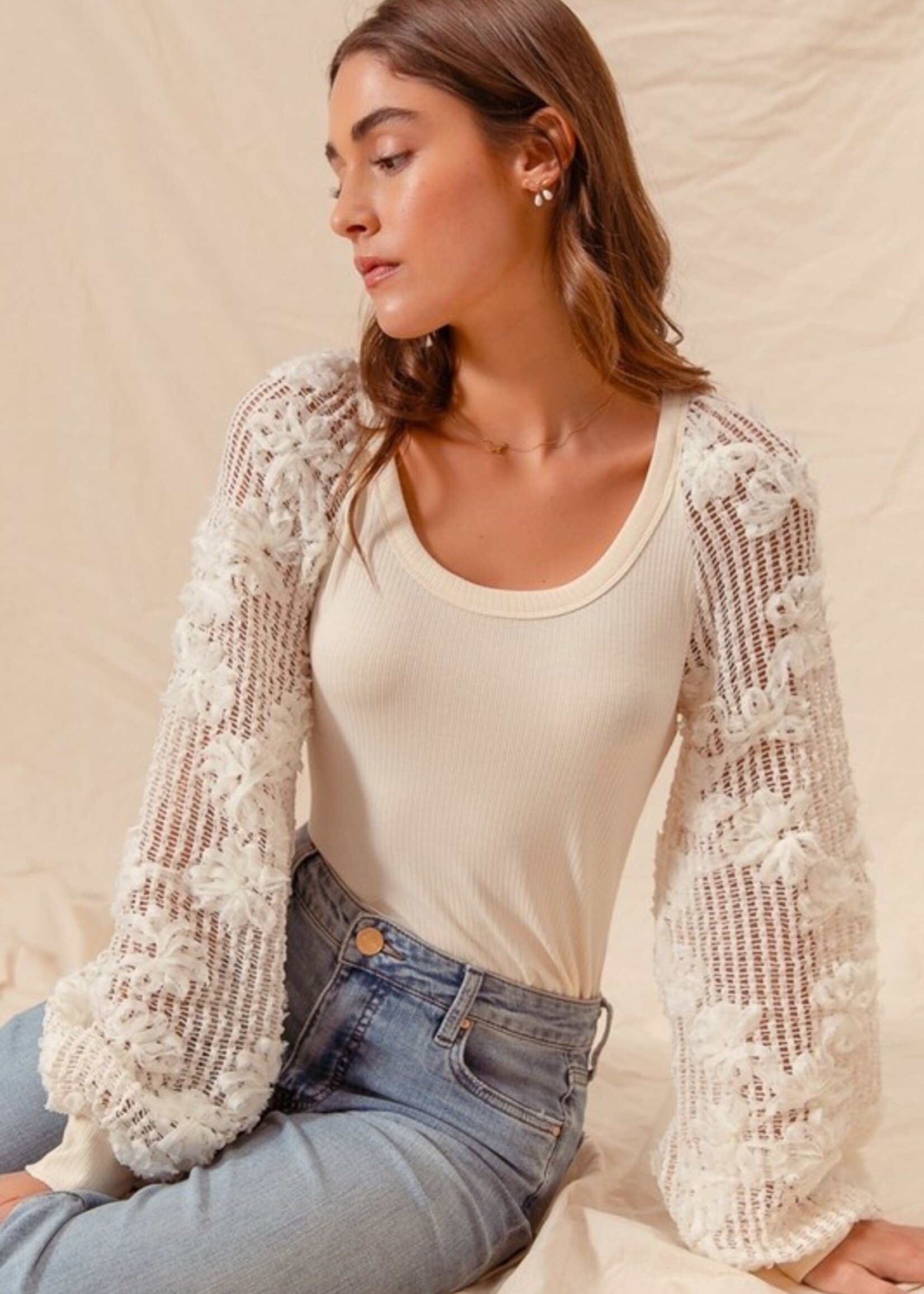 Rib lace sleeve sweater +3 colors