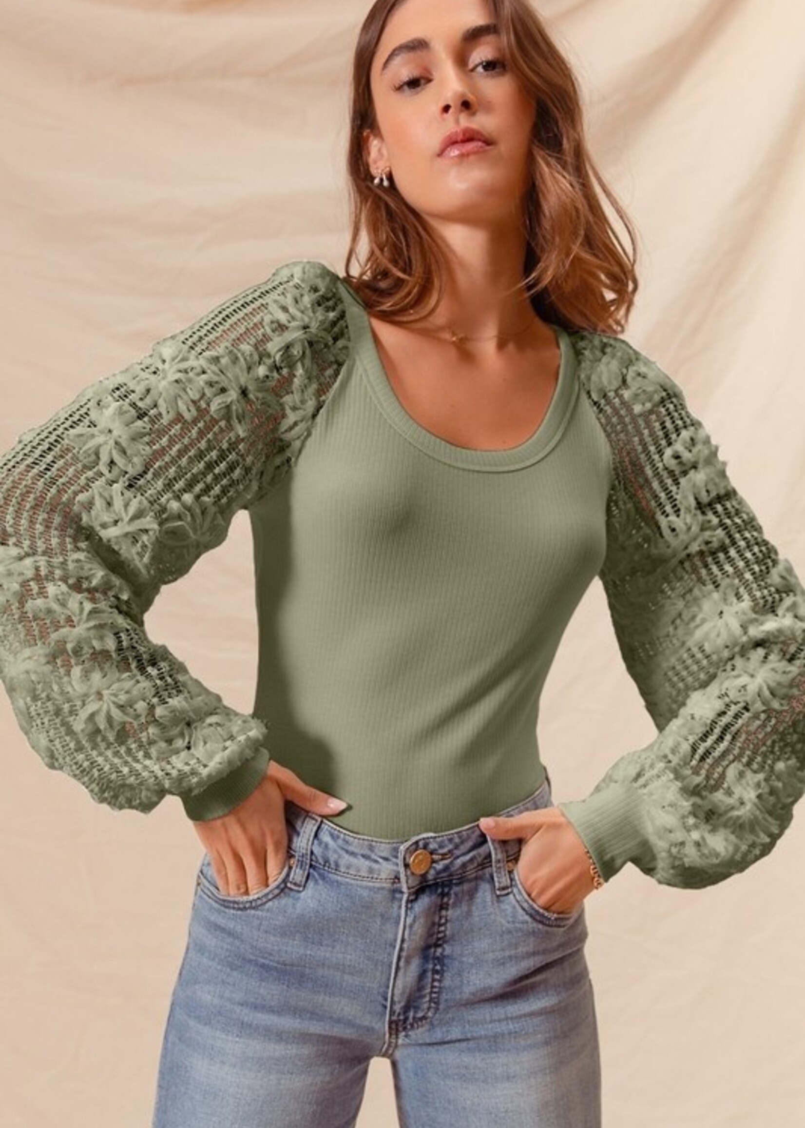 Rib lace sleeve sweater +3 colors