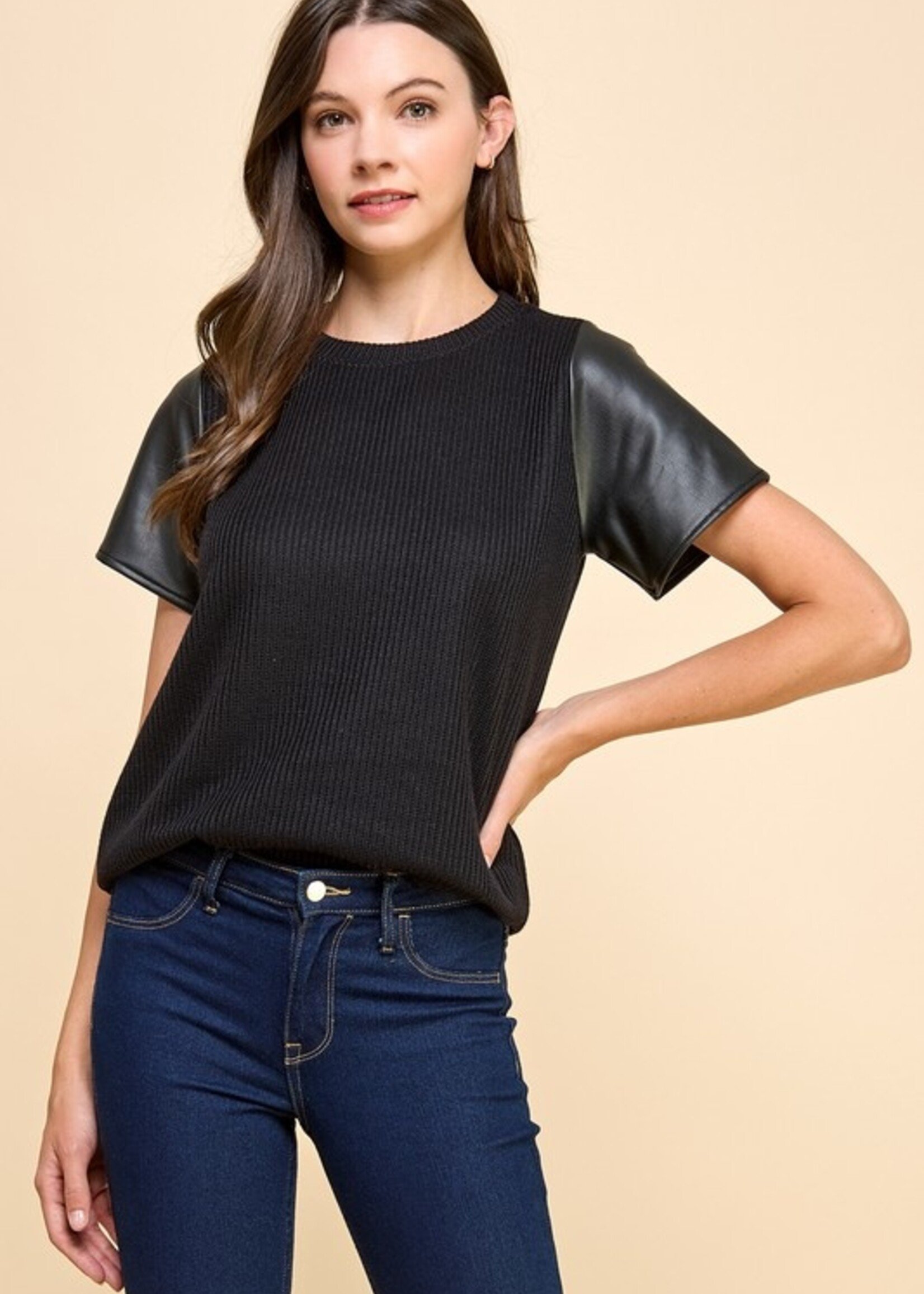 Leather sleeve knit top