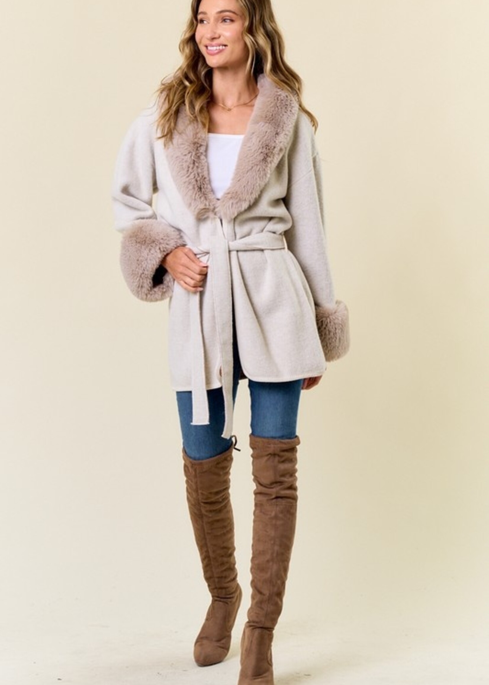 Fur trim sweater coat +2 colors