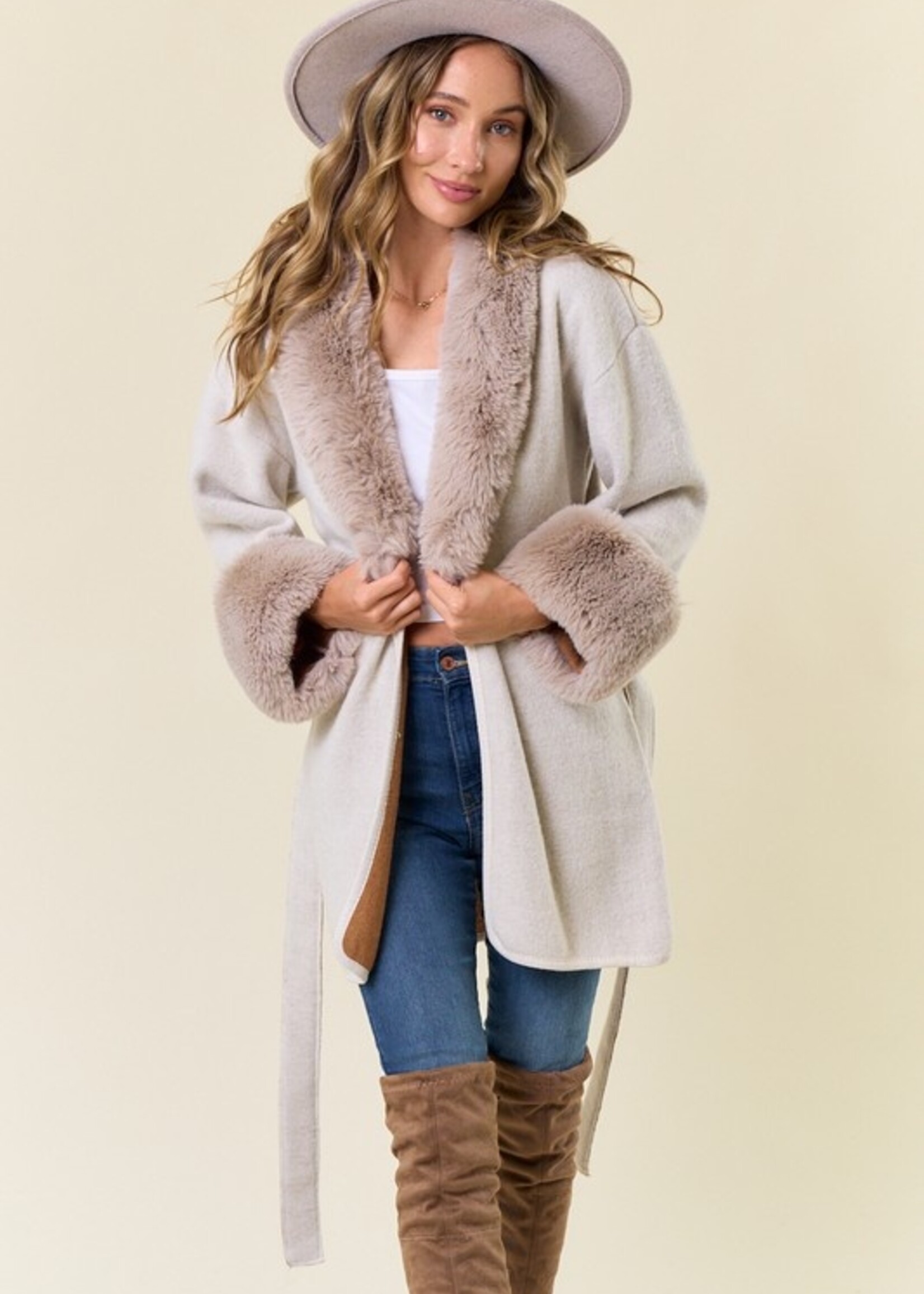 Fur trim sweater coat +2 colors