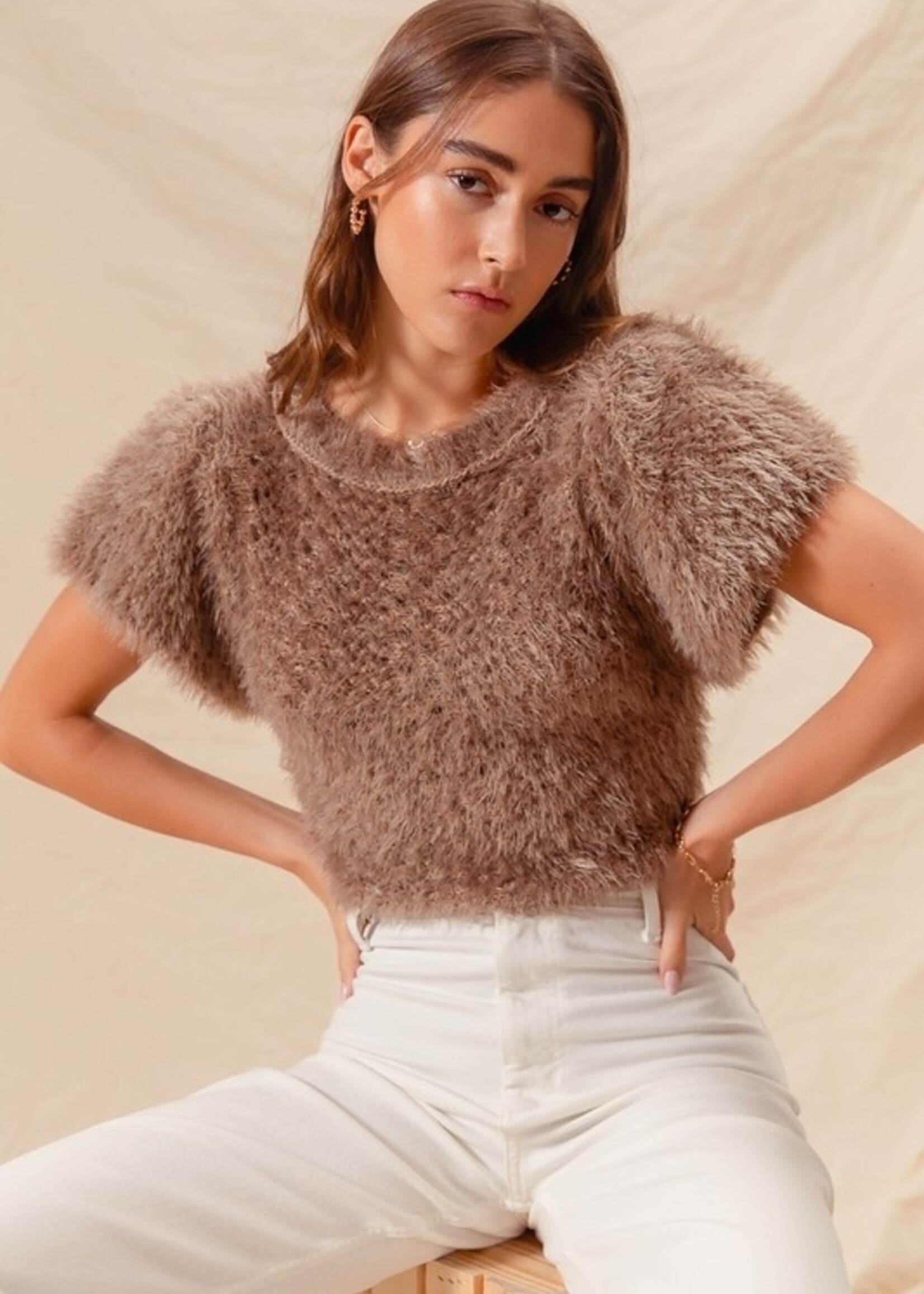 Fuzzy short sleeve sweater +2 colors