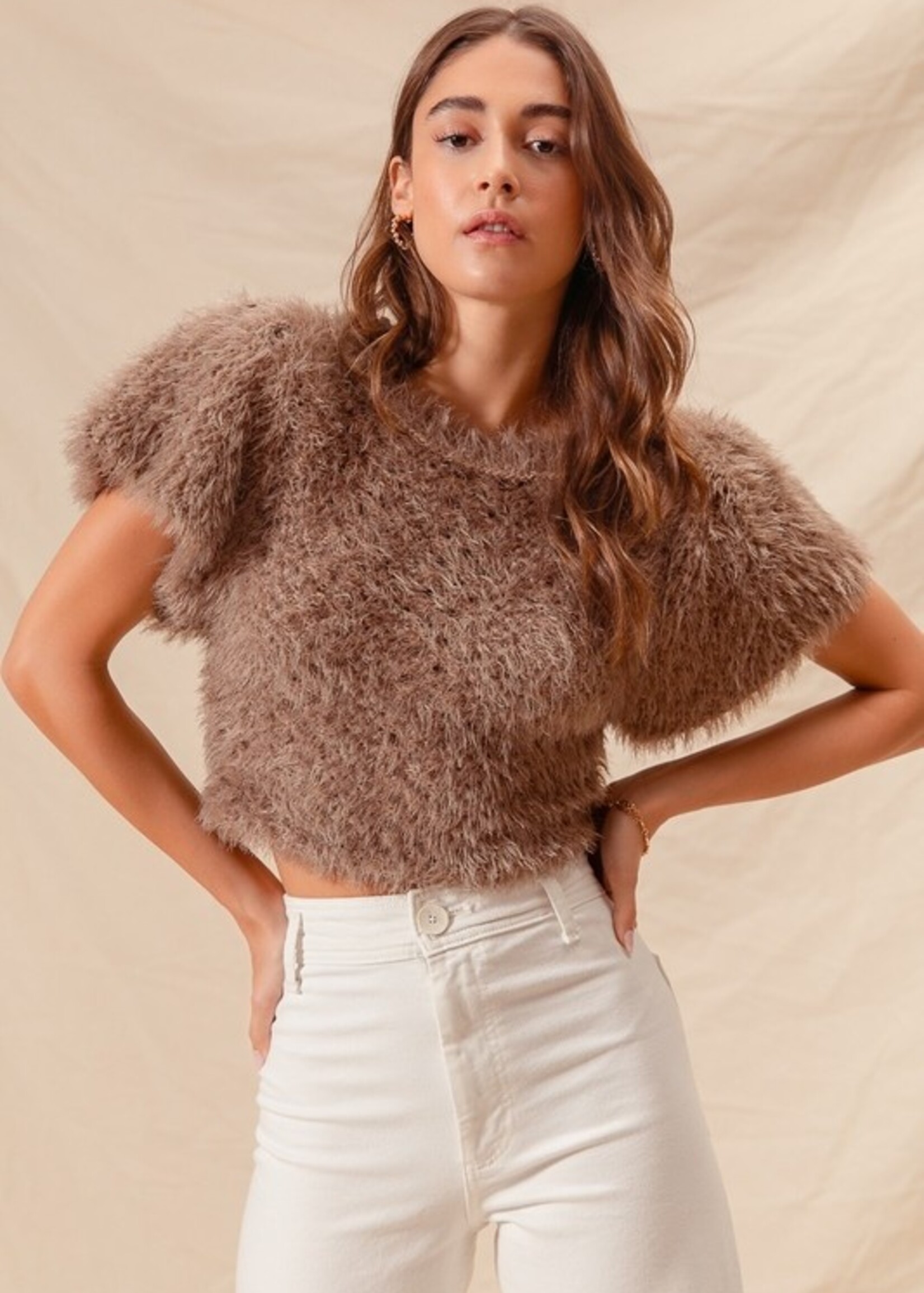 Fuzzy short sleeve sweater +2 colors