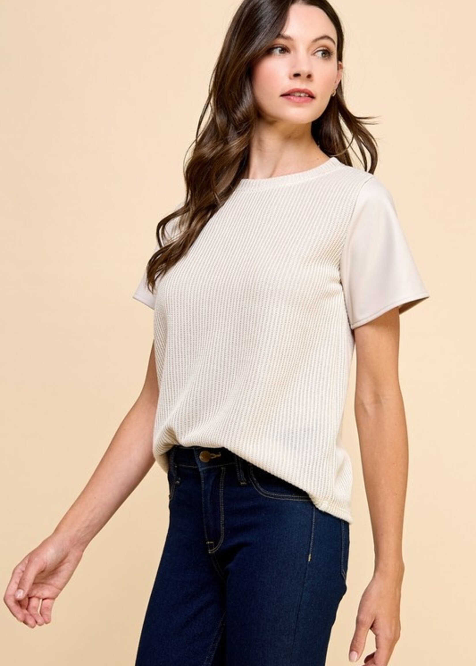 Leather sleeve knit top +2 colors