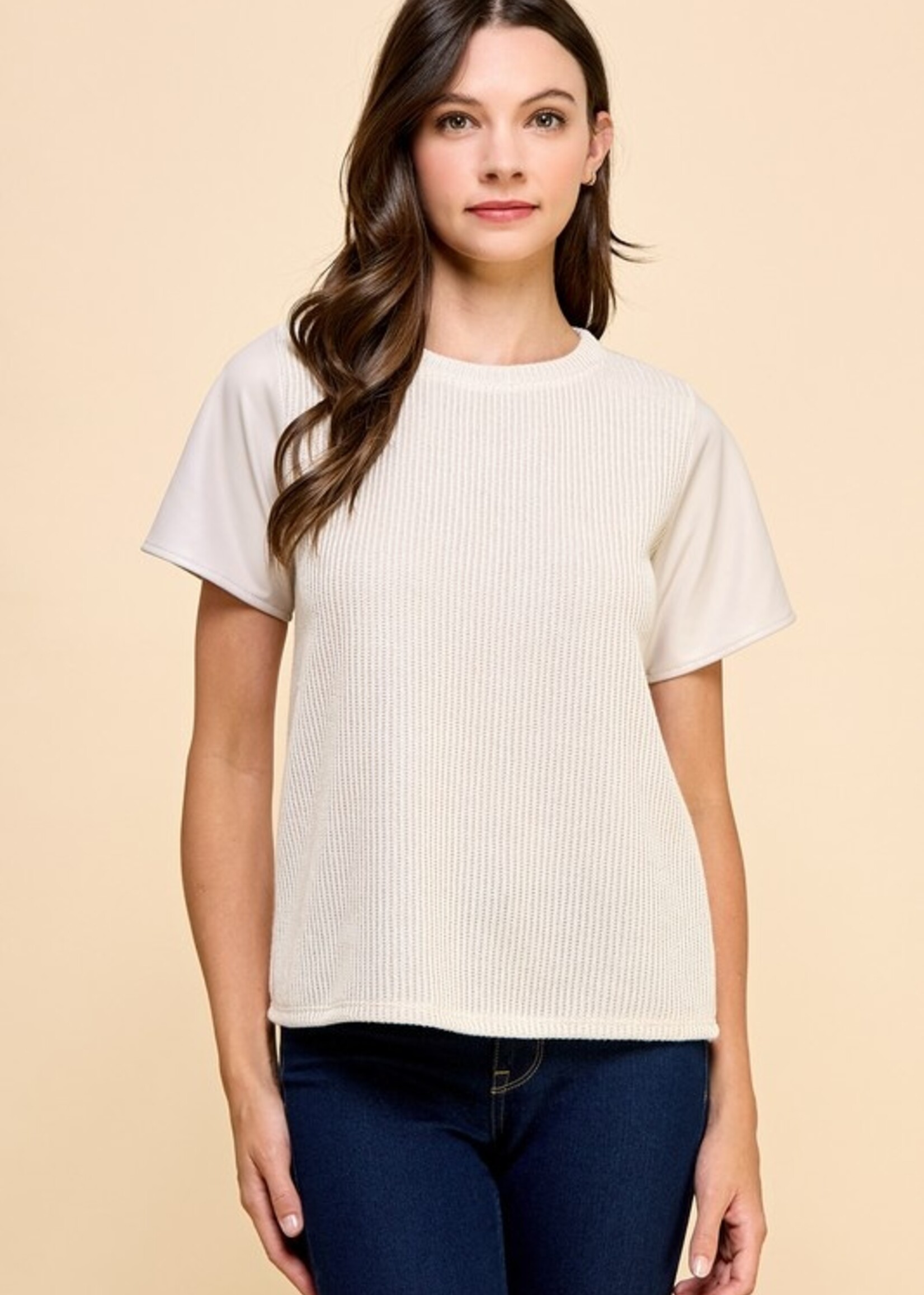 Leather sleeve knit top +2 colors