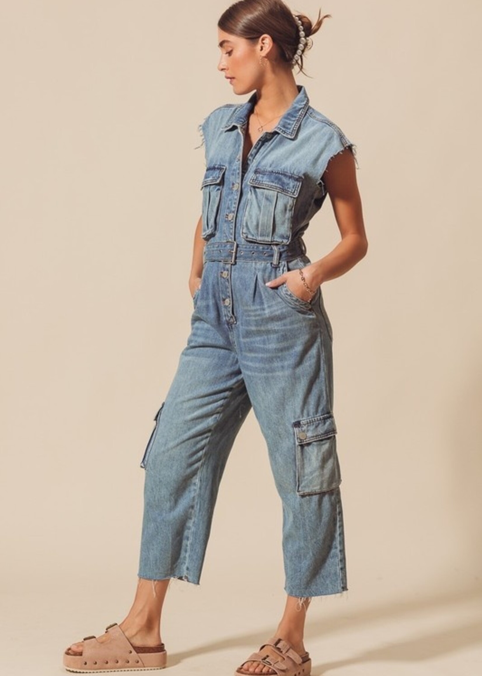 Denim cargo jumpsuit