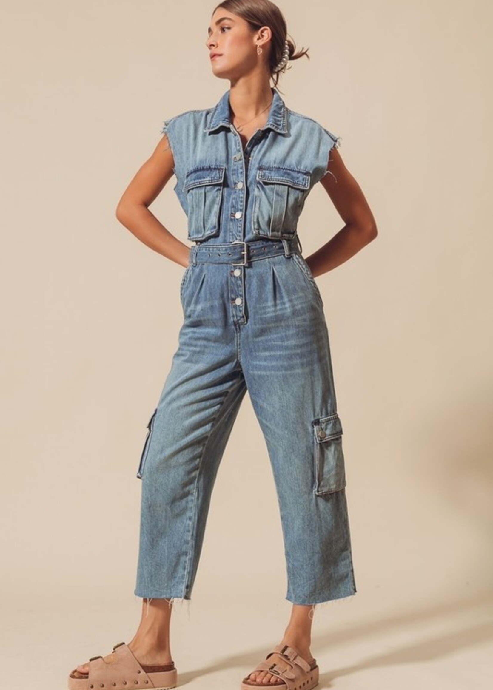 Denim cargo jumpsuit