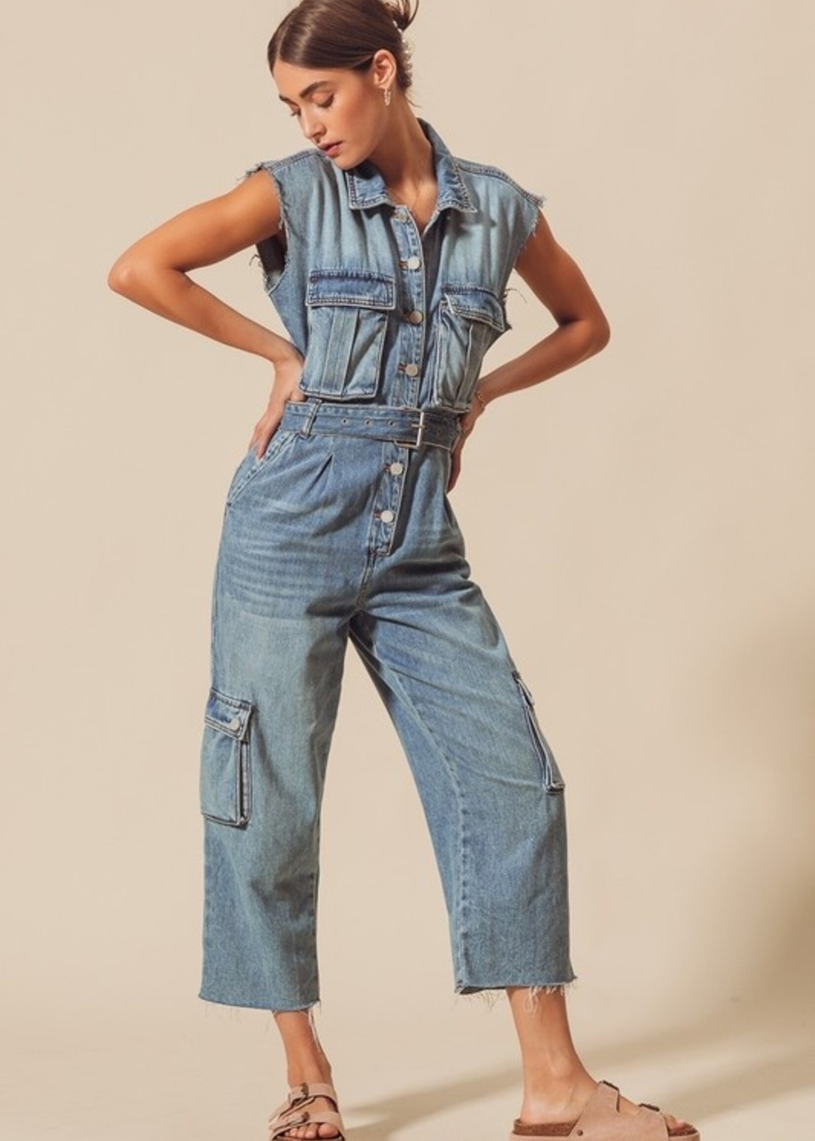 Denim cargo jumpsuit