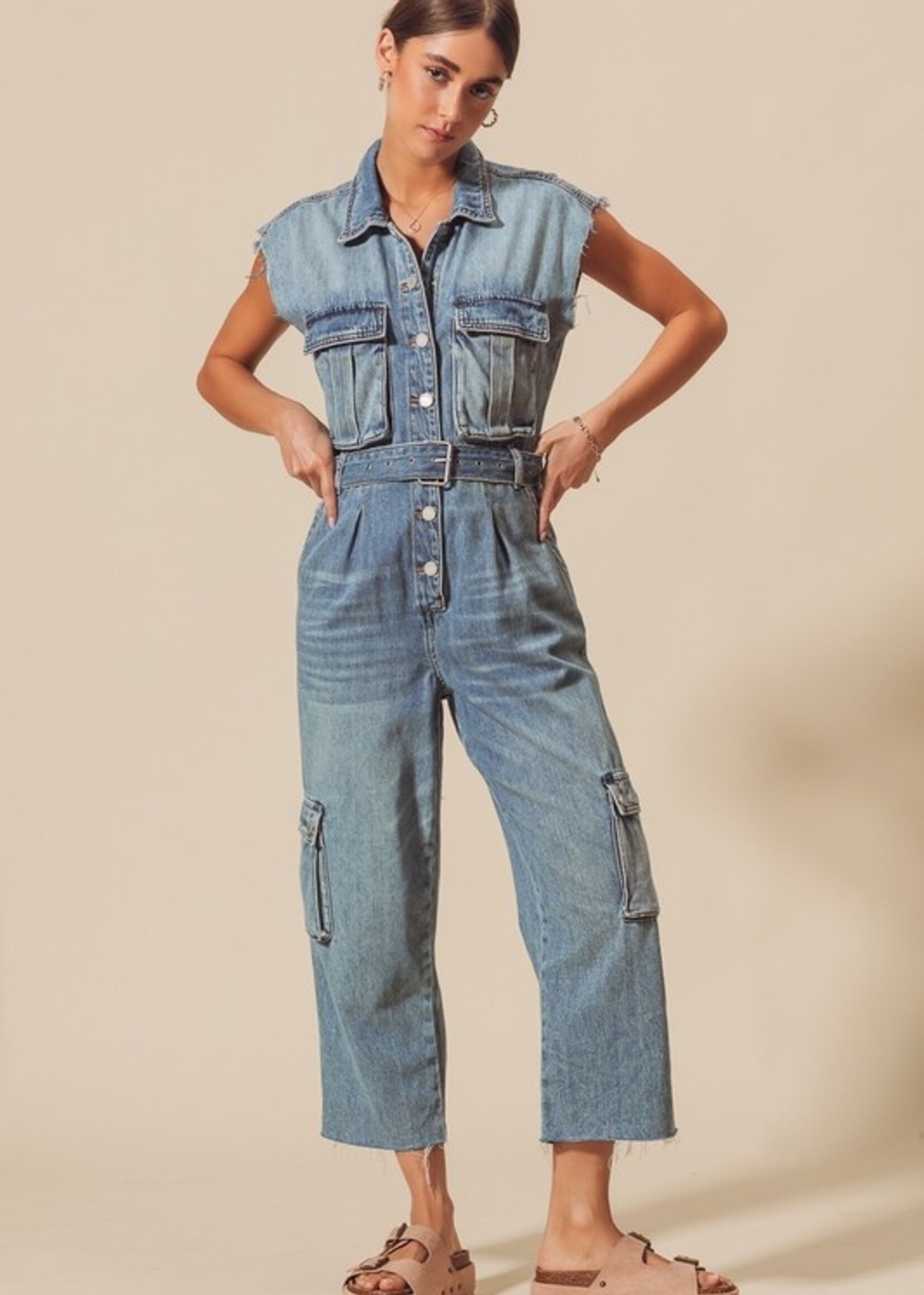 Denim cargo jumpsuit