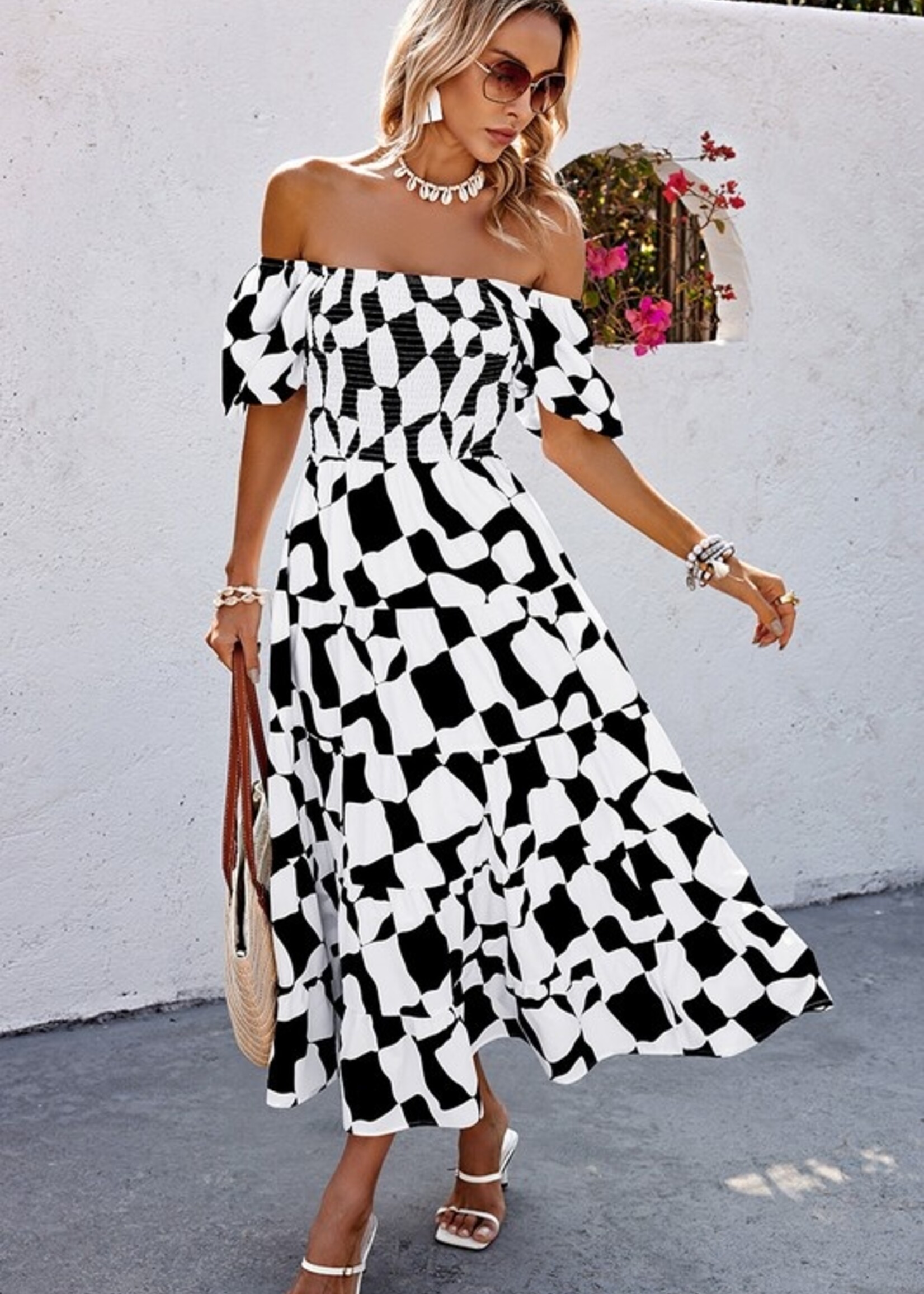 Off shoulder print maxi +2 colors