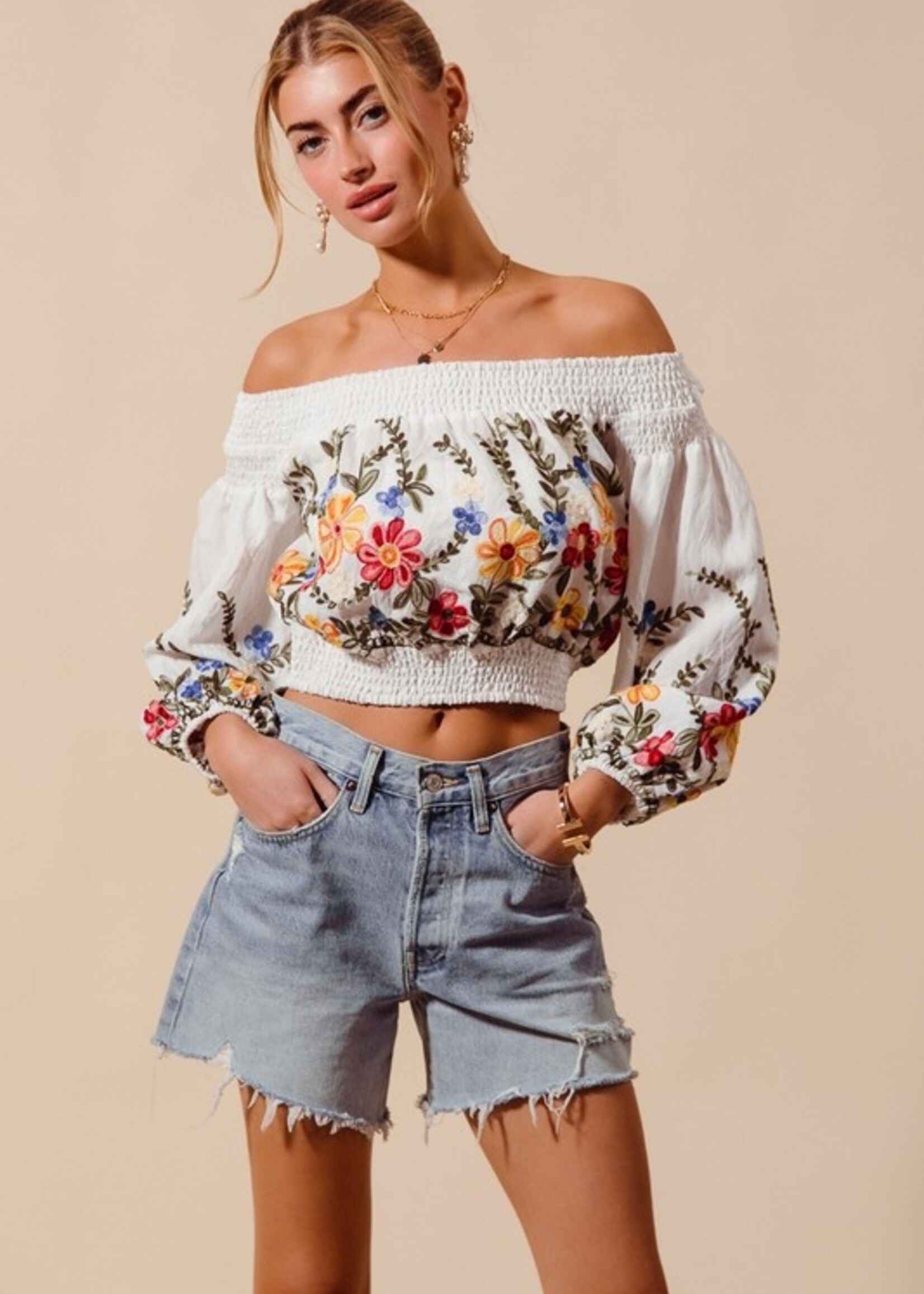Embroidered off shoulder top