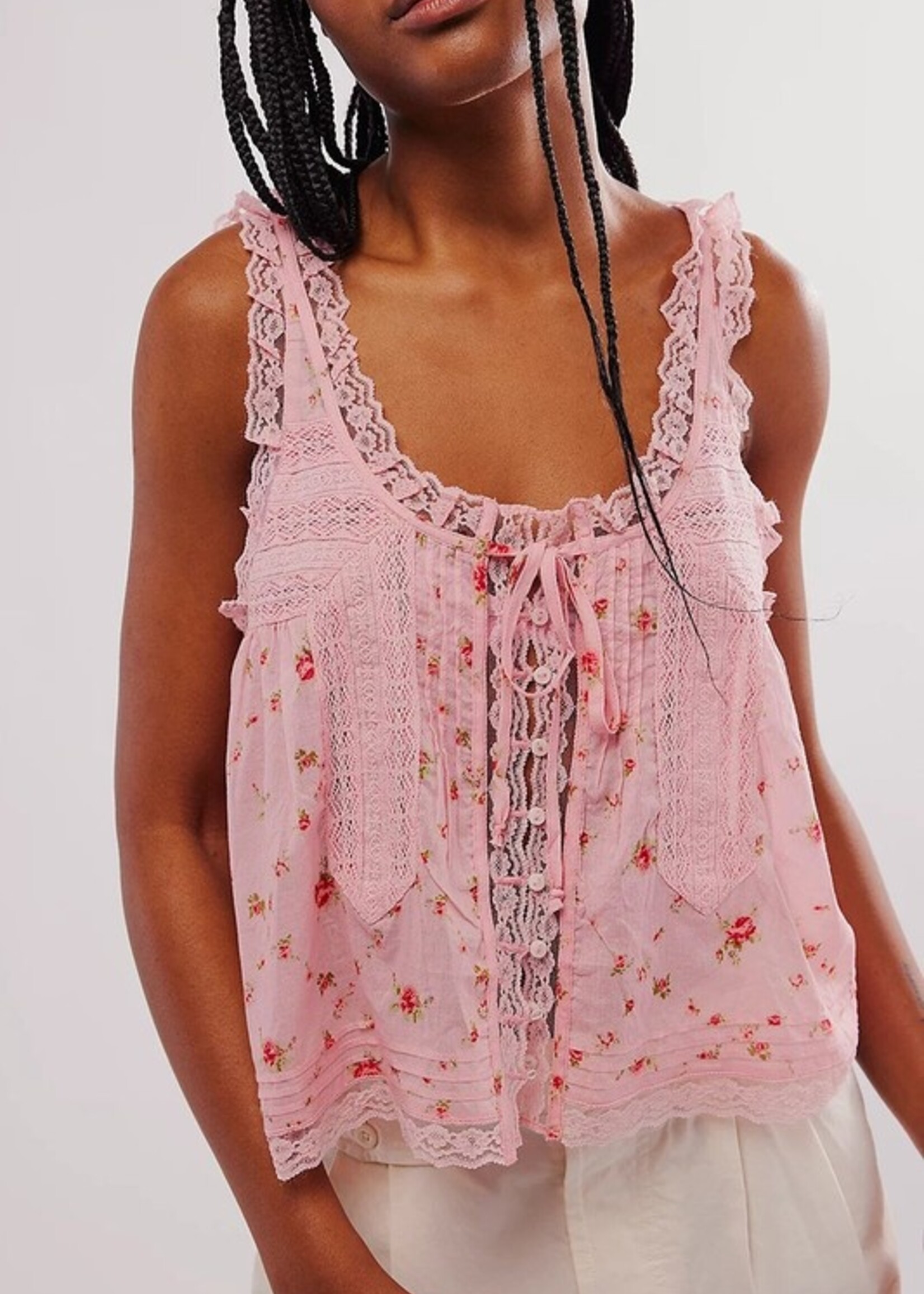 Print lace trim tank