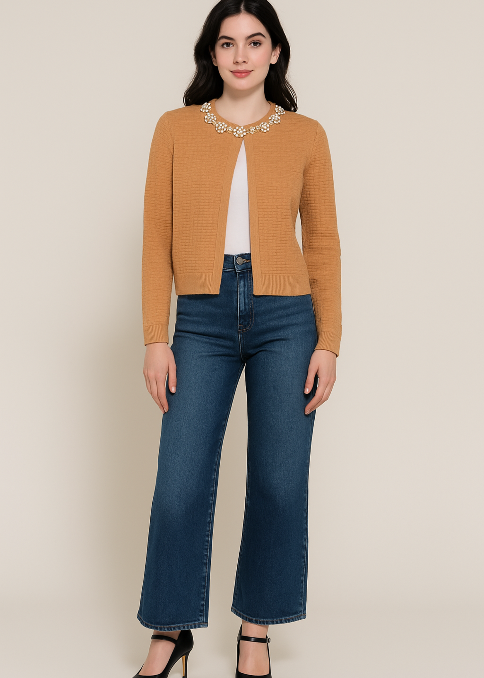 Pearl neck open cardigan +2 colors