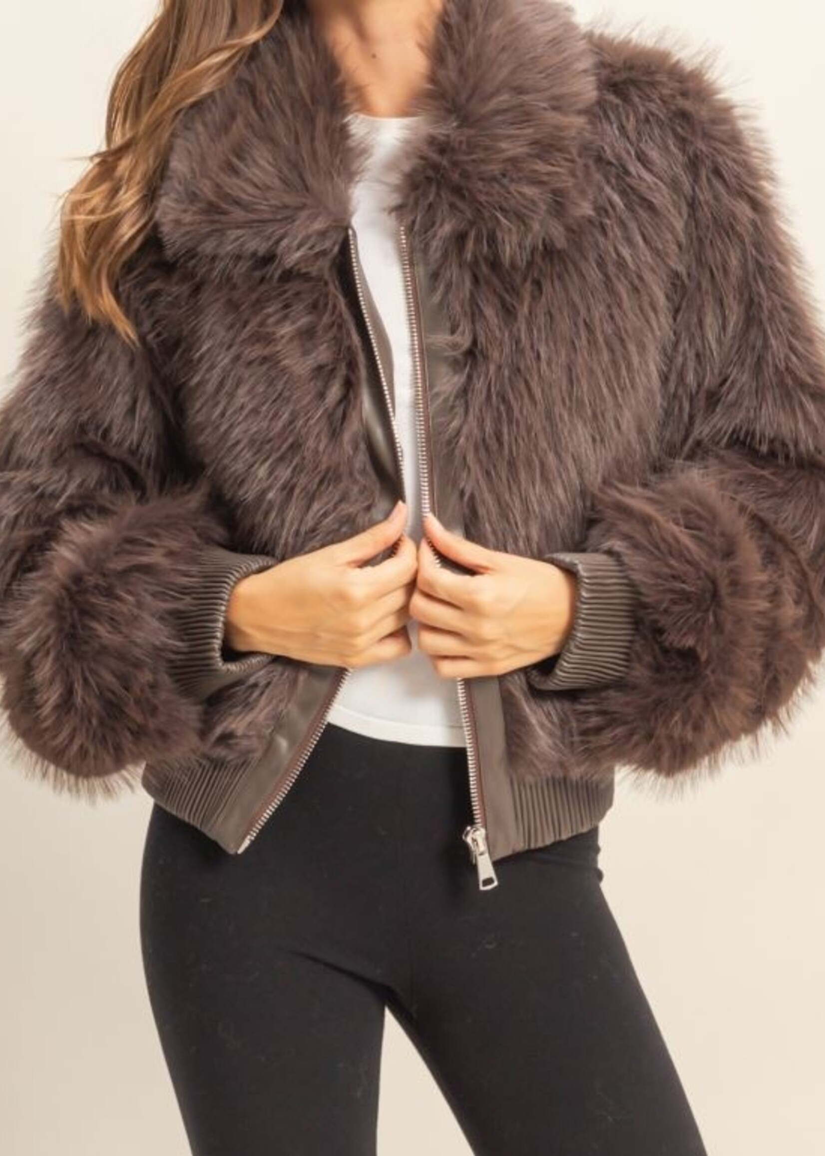 Leather trim fur jacket +2 colors