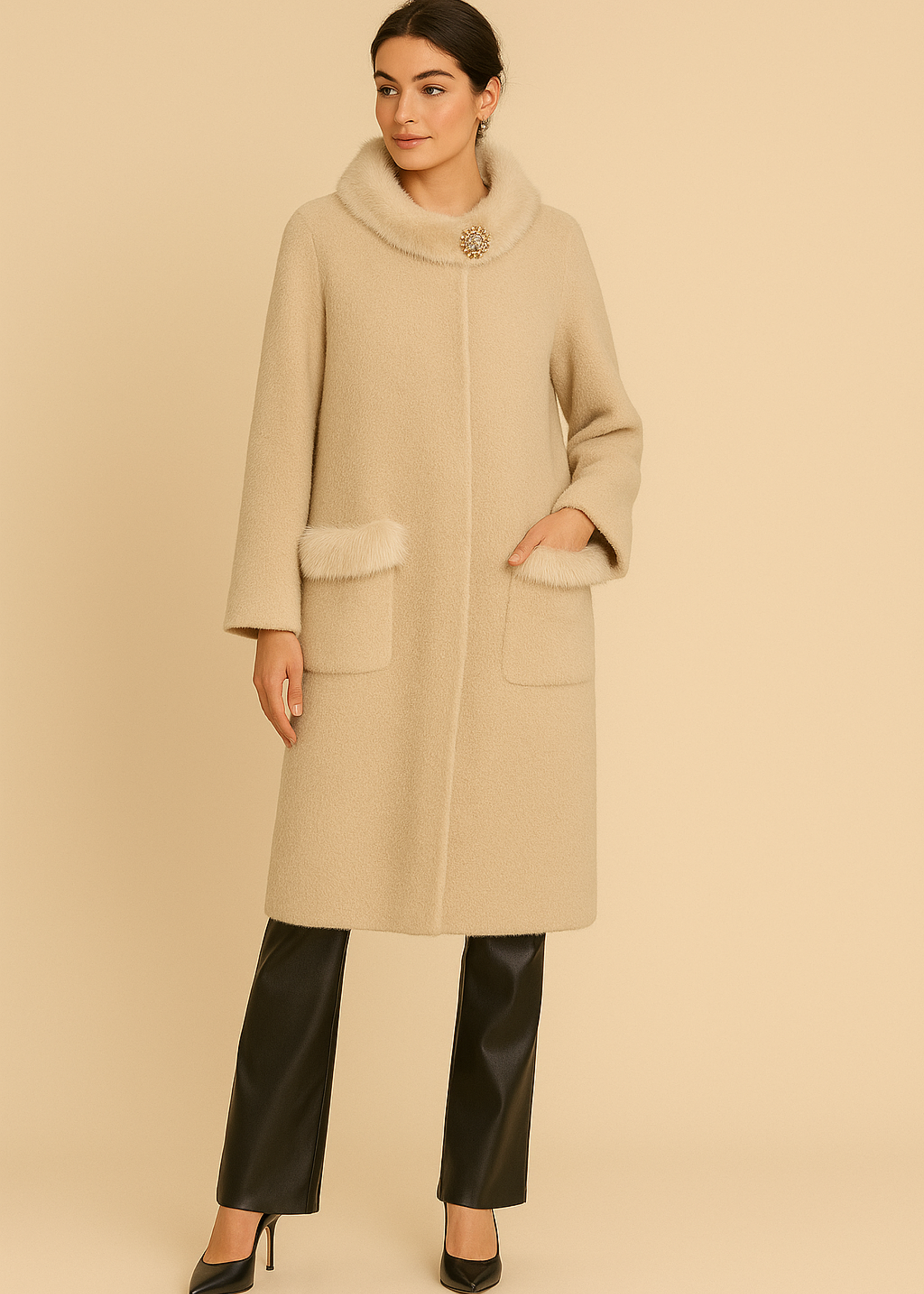 Fur trim brooch coat