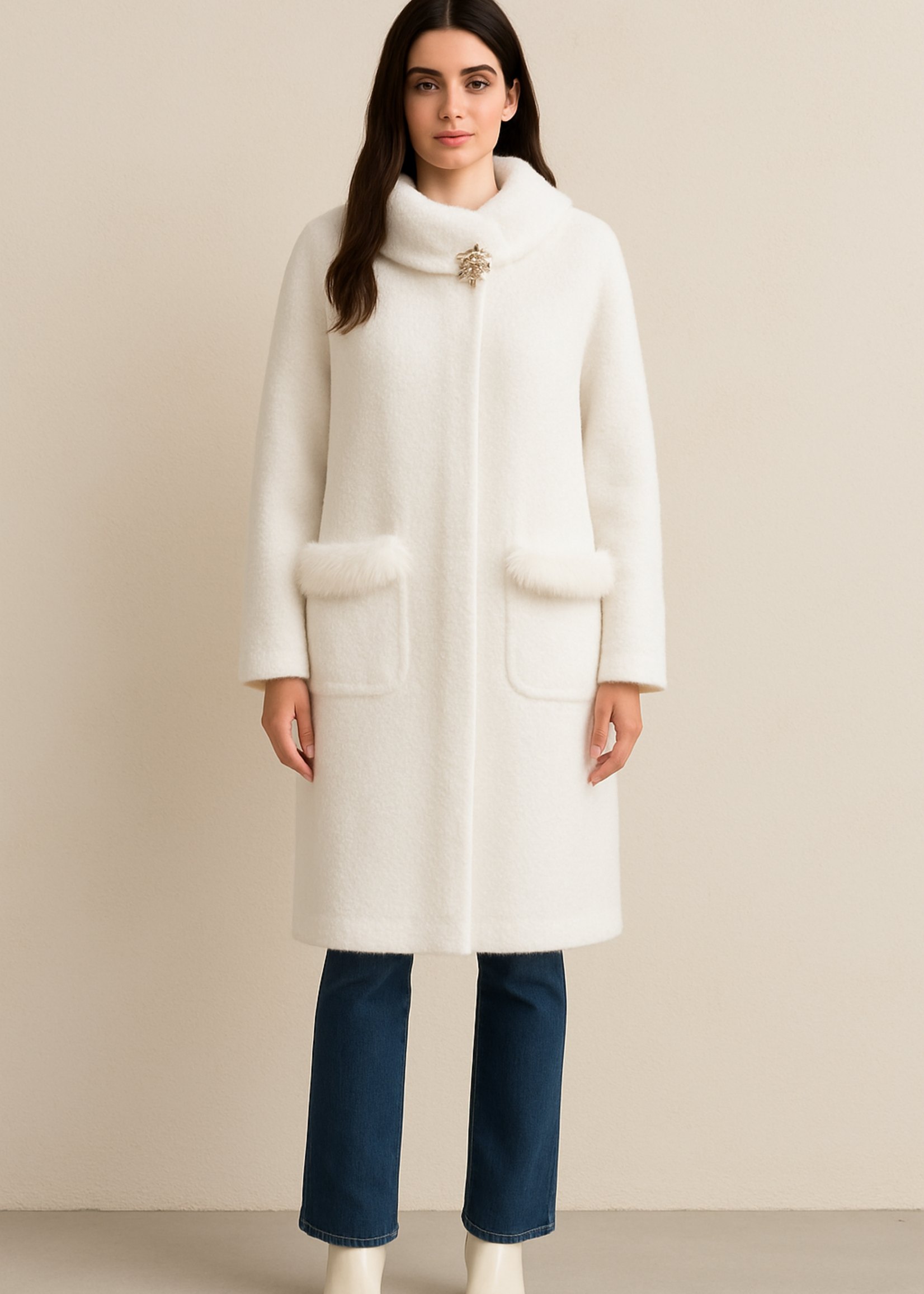 Fur trim brooch coat