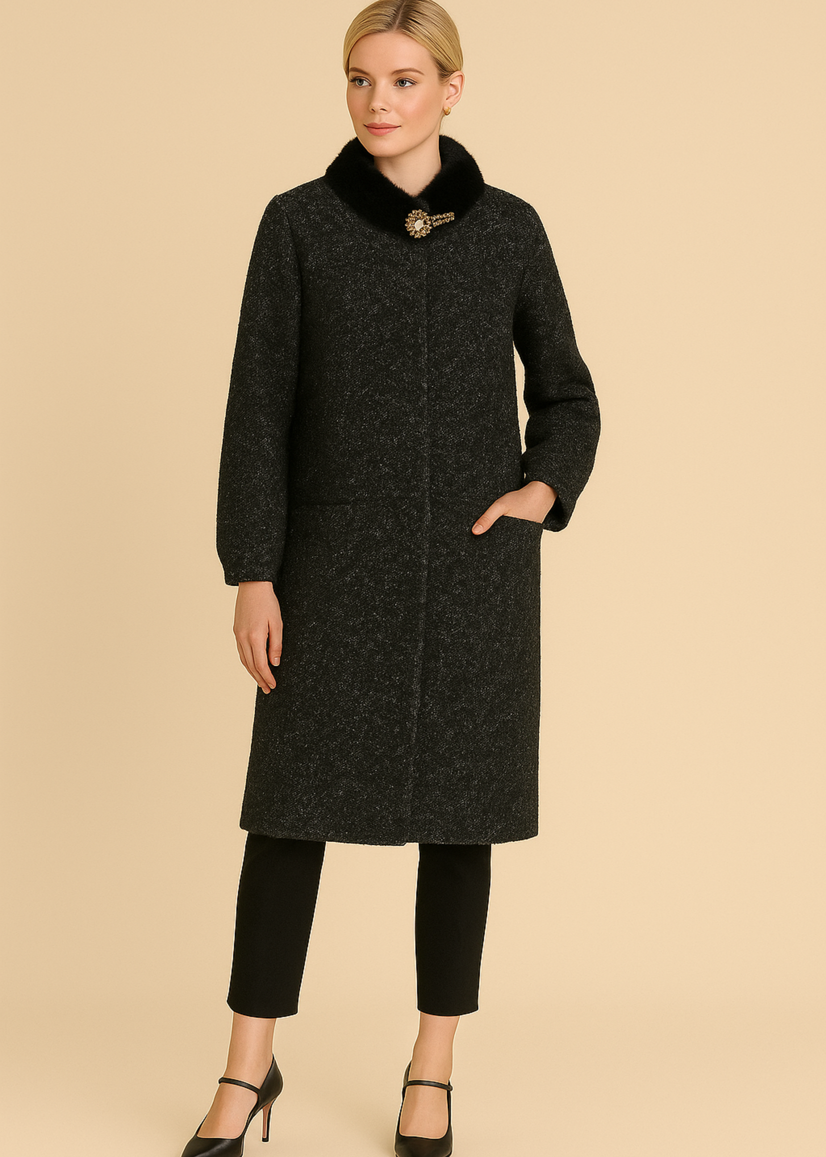 Long coat with brooch