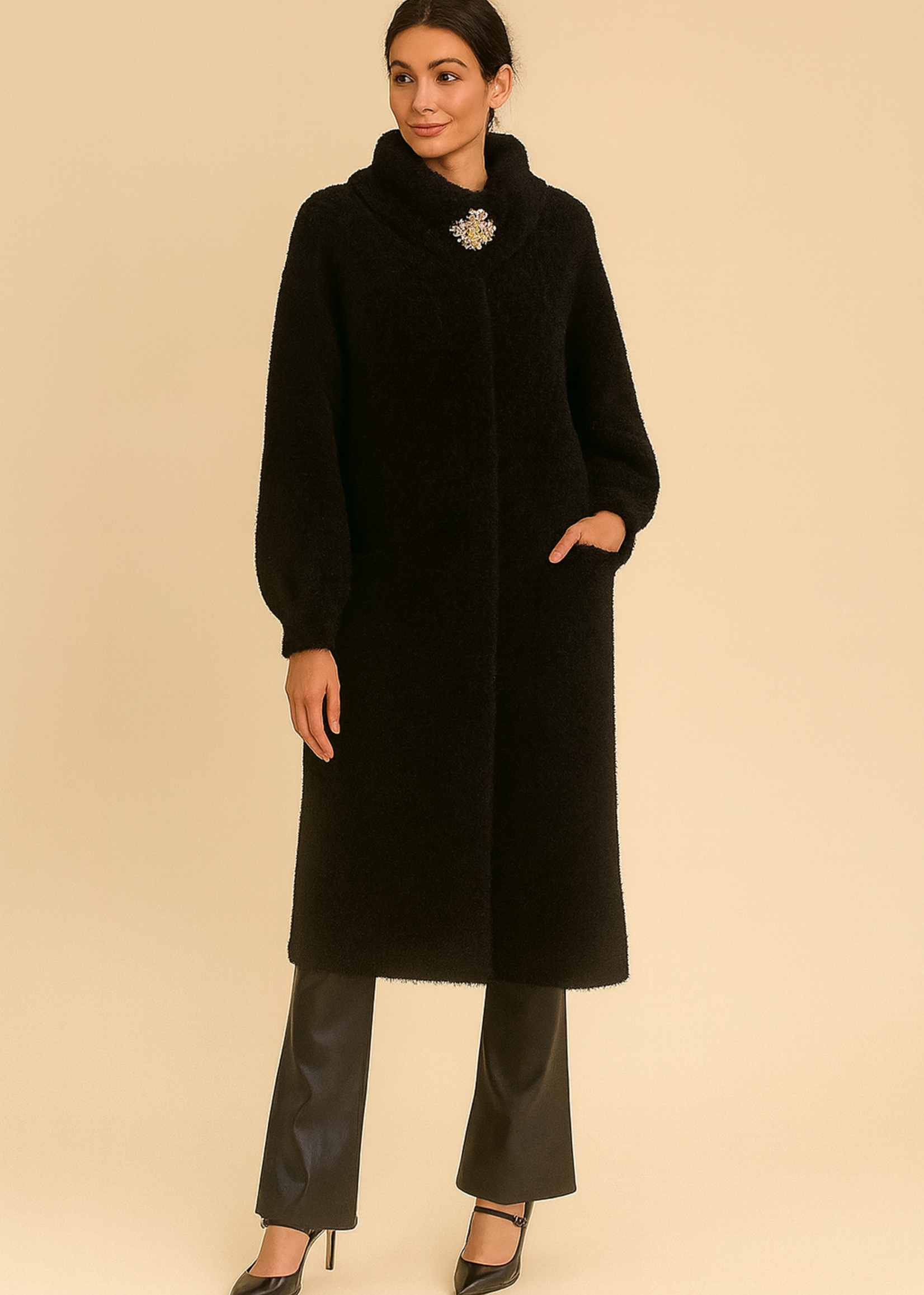 Long coat with brooch
