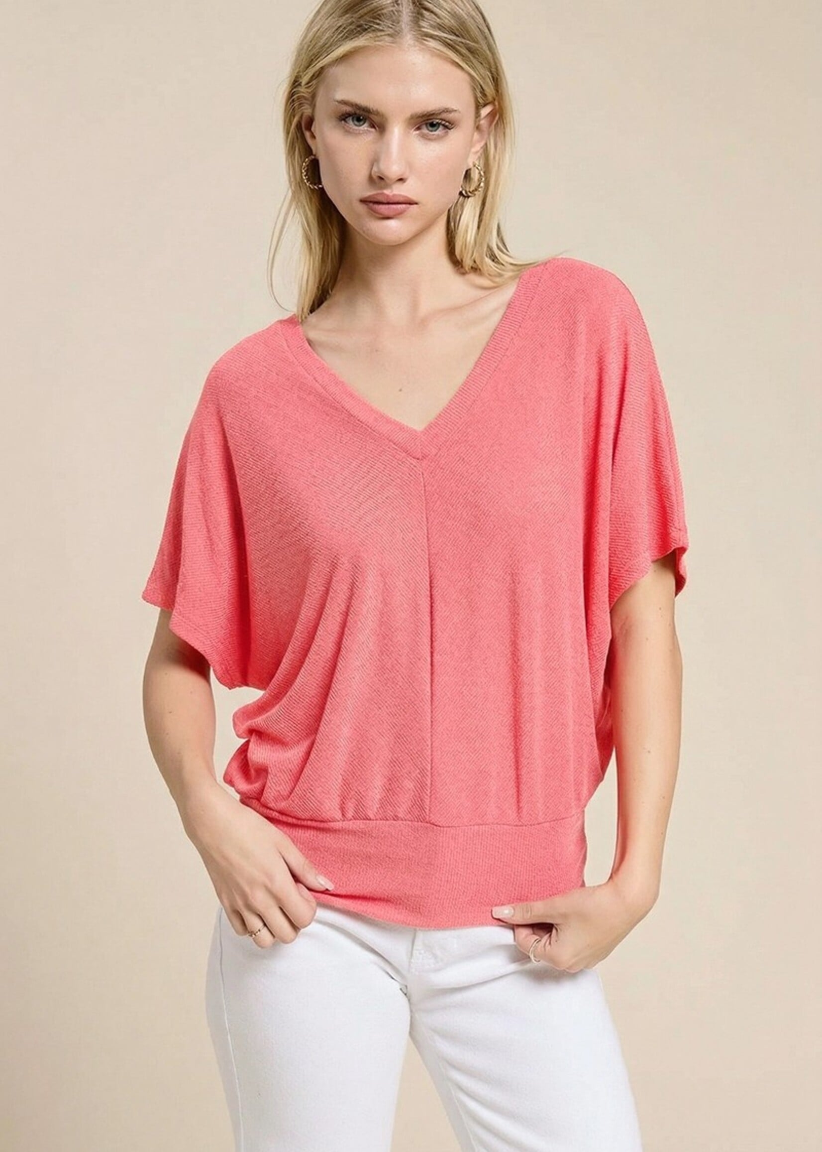 Banded hem V neck top +2 colors