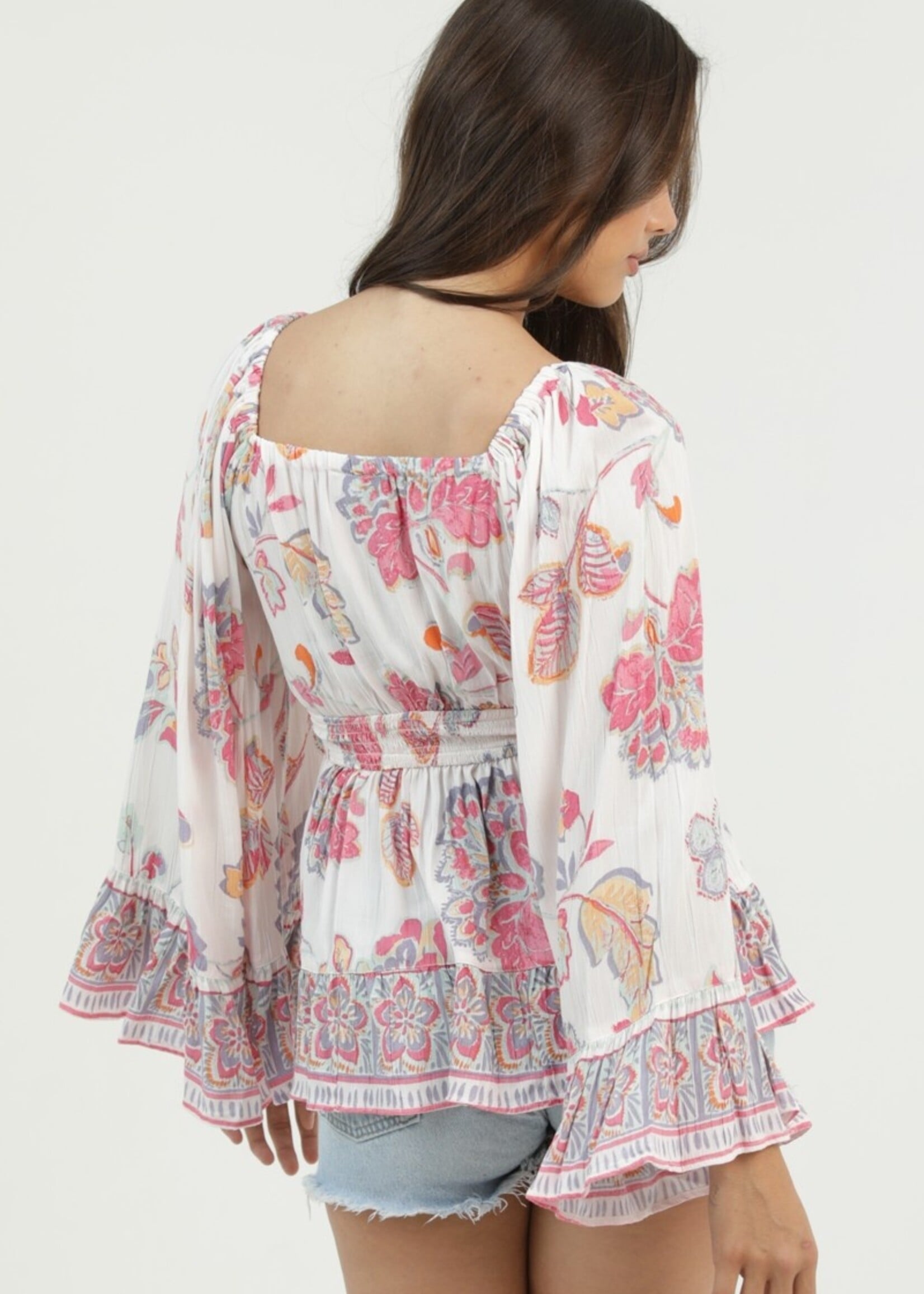 Print bell sleeve top