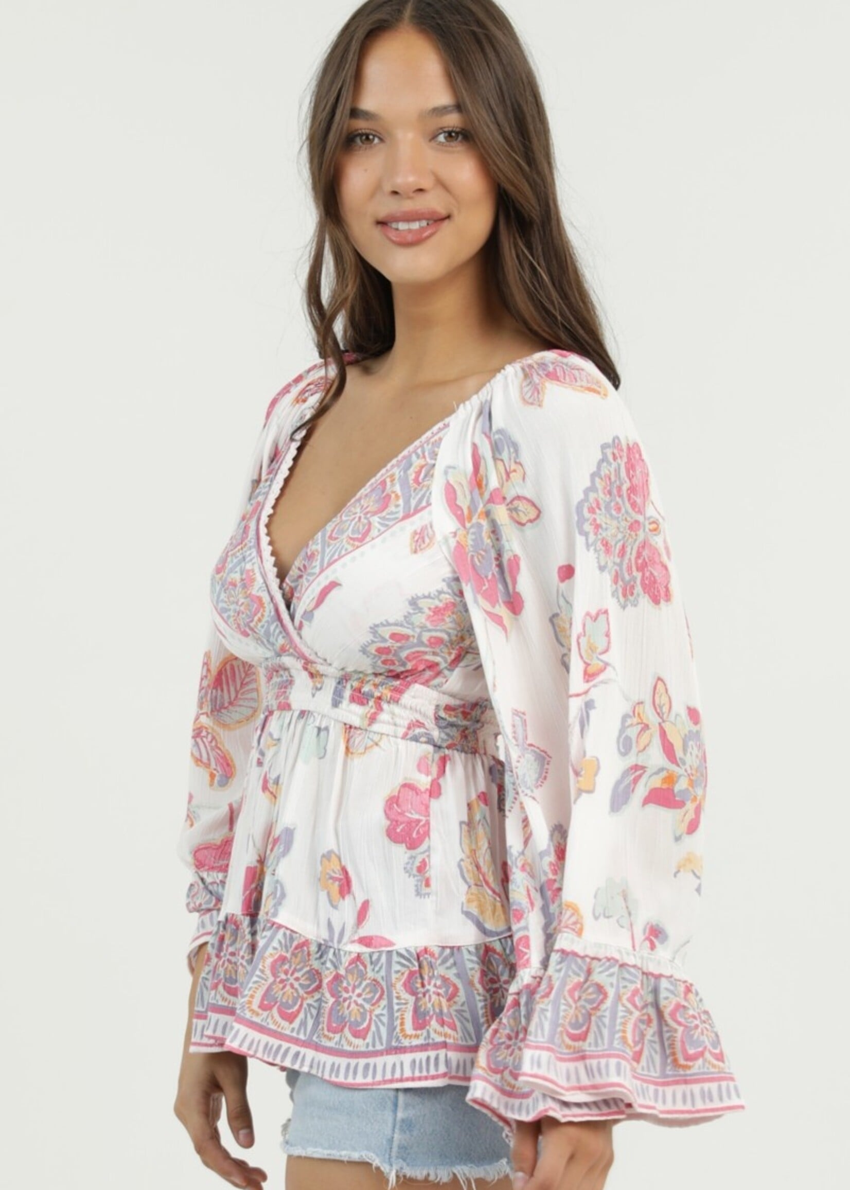 Print bell sleeve top
